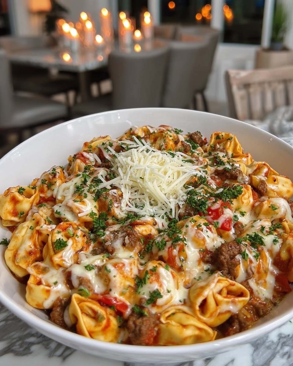 A white bowl filled with rich, golden-brown grilled tortellini mixed with browned pieces of beef and small bits of red bell pepper. The dish is topped with melted creamy cheese layered unevenly, with some browned spots showing slight crispness. Fresh green parsley sprinkled over the top adds a bright contrast, along with a central pile of finely shredded white cheese. The bowl sits on a white marbled surface, with a cozy background featuring soft lighting, candles, and slightly blurred modern chairs. photo taken with an iphone --ar 4:5 --v 7