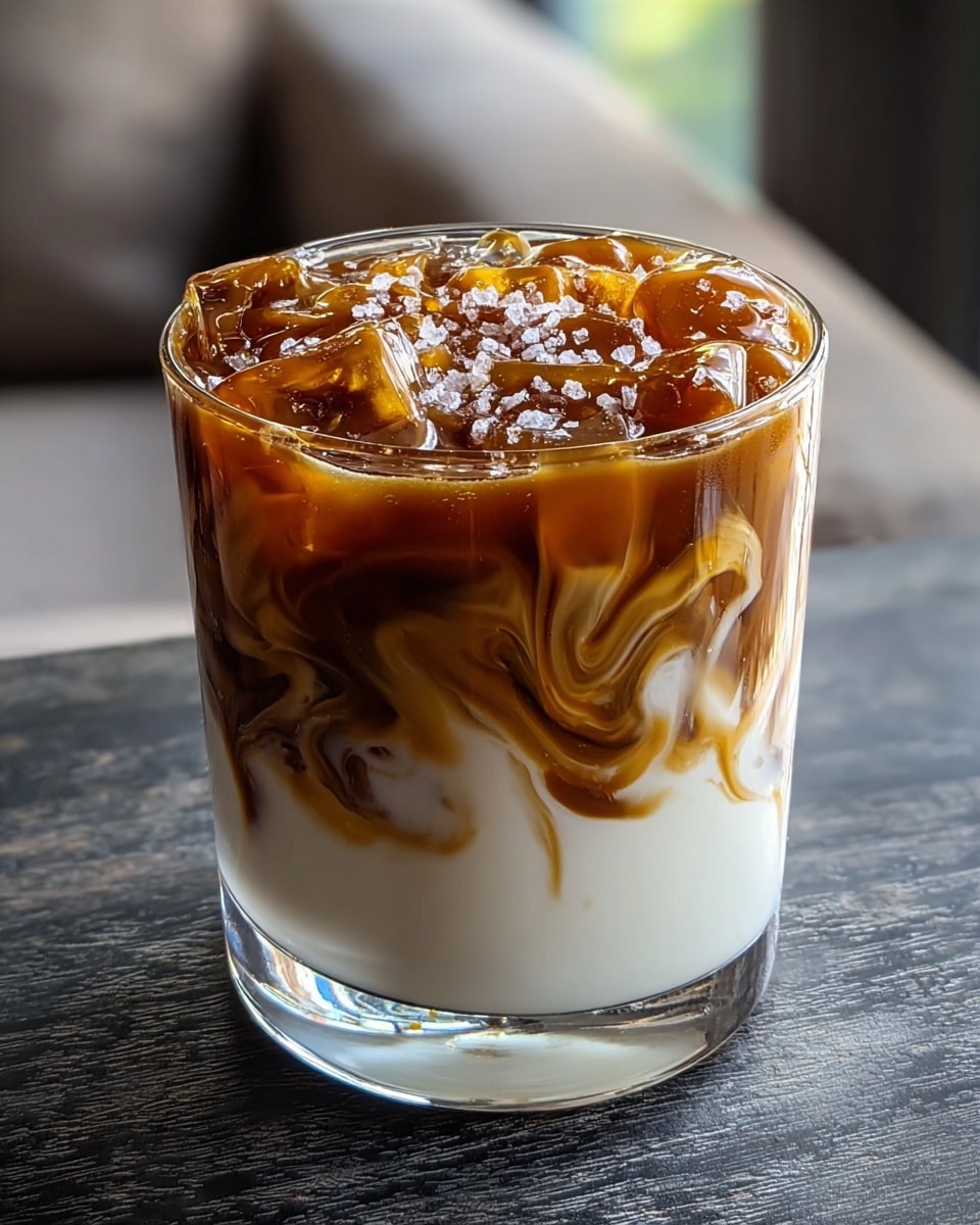 The image shows a clear glass filled with a three-layer iced drink. The bottom layer is white and creamy, filling about half the glass. The middle layer has swirls of dark caramel mixing with the white as it rises. The top layer consists of ice cubes covered with a thick drizzle of rich caramel sauce and a sprinkle of coarse sea salt. The glass is placed on a dark textured surface with soft background light. photo taken with an iphone --ar 4:5 --v 7