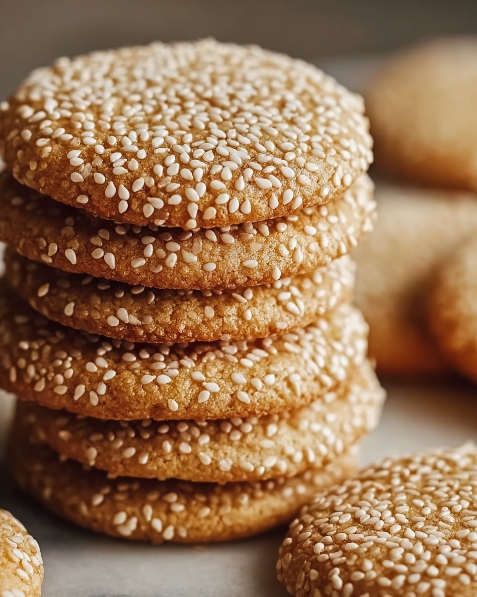 A close-up image showing a stack of seven round cookies, each cookie is light brown with a smooth texture and topped densely with small white sesame seeds. The cookies have a slightly cracked surface, giving a crisp look, and the stack is placed on a white marbled surface with more cookies blurred in the background. The lighting highlights the subtle shine and texture of the sesame seeds and the warm tones of the cookies. Photo taken with an iphone --ar 4:5 --v 7