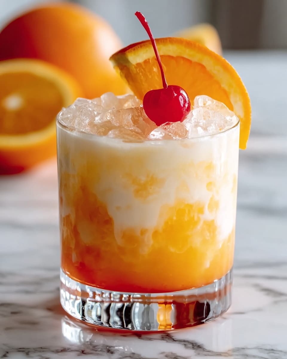 A short clear glass filled with a layered orange and cream drink sitting on a white marbled surface, the bottom layer is bright orange with a touch of deeper red, the middle layer is creamy and white, and the top has translucent ice cubes mixed with the orange cream. On top, there is a bright red cherry next to a thick, curved orange slice garnish on the rim of the glass. In the background, blurred halves of an orange are visible. Photo taken with an iphone --ar 4:5 --v 7