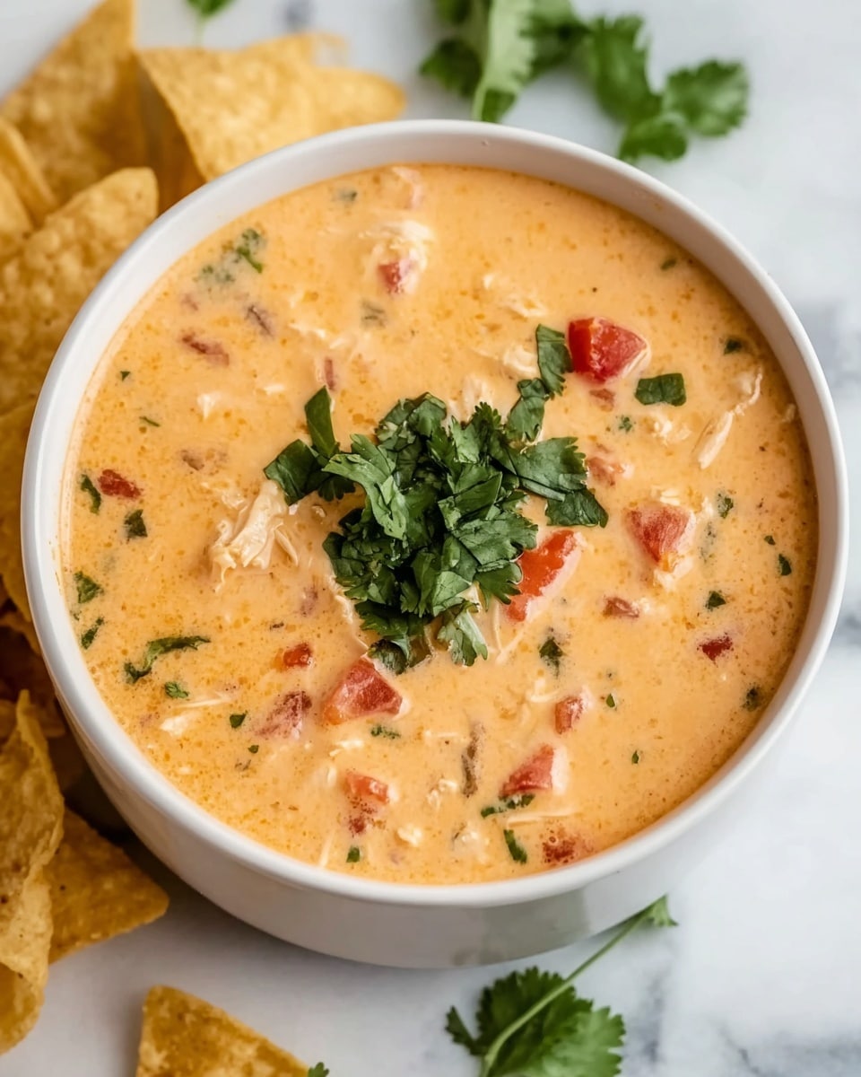 A white bowl filled with a creamy, light orange soup that is thick in texture. Inside the soup, small pieces of white chicken and diced red tomatoes are visible, evenly spread throughout. On top, bright green cilantro leaves are placed as garnish. Surrounding the bowl are some tortilla chips, and the bowl is set on a white marbled surface with scattered cilantro leaves around. photo taken with an iphone --ar 4:5 --v 7
