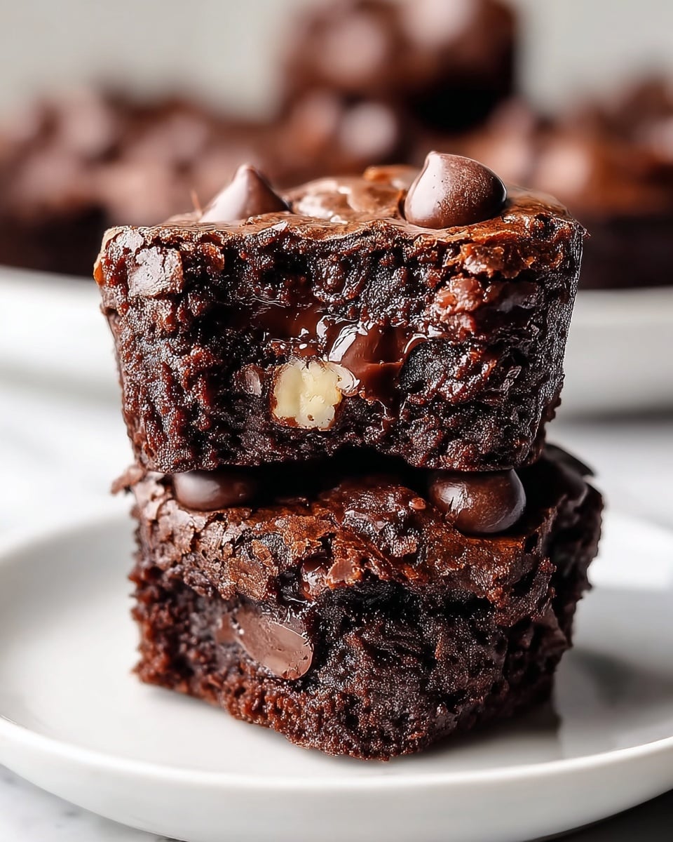 A close-up view of two thick, rich chocolate brownie bites stacked on top of each other on a white plate. The brownies have a cracked, shiny cocoa crust with a dense, moist interior. On the top brownie, there are soft milk chocolate chips scattered, and the inside shows a gooey chocolate center with a nut embedded in the middle. The brownies have a dark, almost black chocolate color with hints of melted chocolate glistening around. The background features a soft, white marbled texture with blurred shapes of more brownie bites. photo taken with an iphone --ar 4:5 --v 7