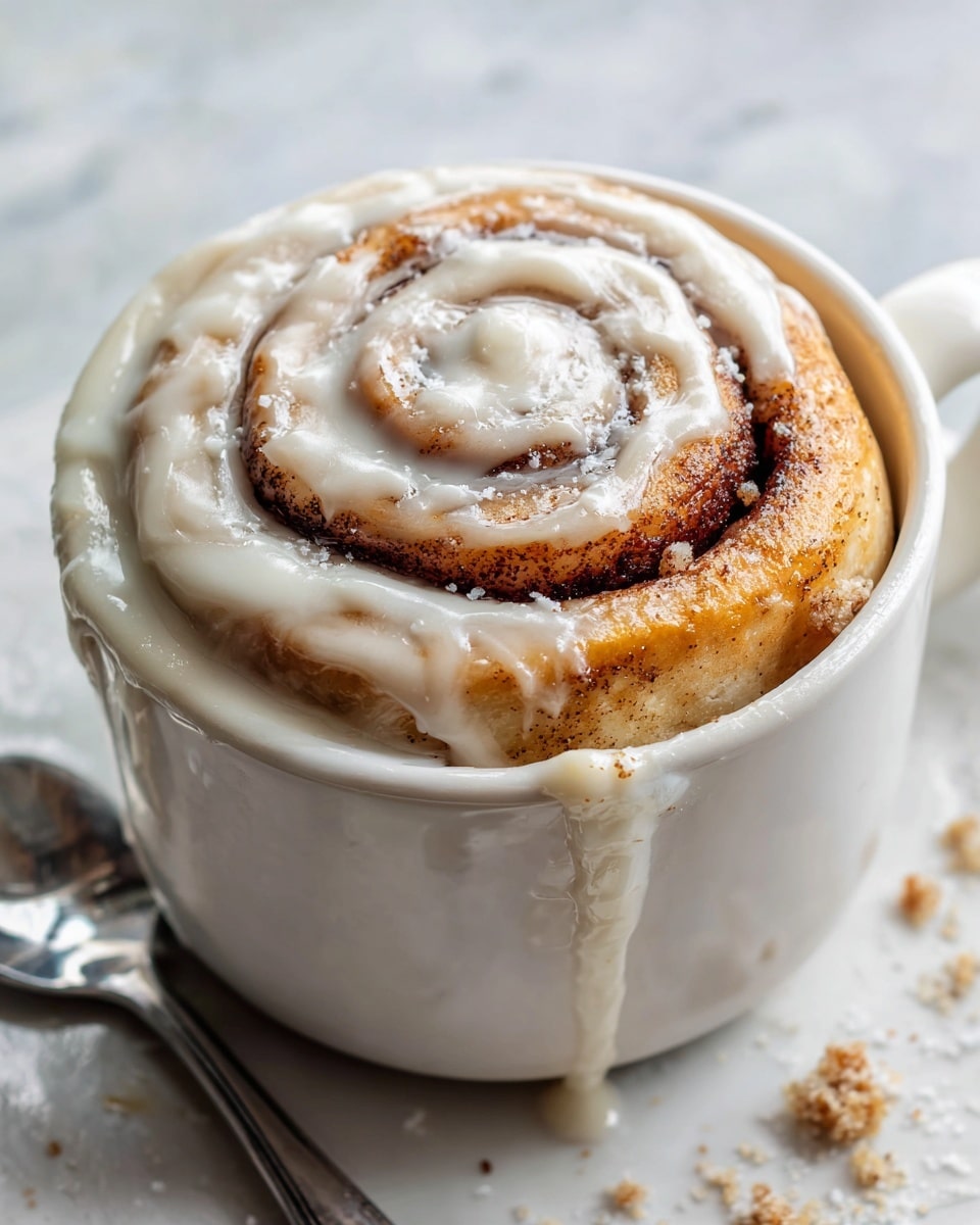 A white mug filled with a single cinnamon roll that has a light brown, soft textured base topped with creamy white icing drizzled in uneven stripes and light caramel-colored syrup adding a glossy finish. The mug is placed on a white marbled surface with a silver spoon beside it and a mustard yellow cloth in the background. photo taken with an iphone --ar 4:5 --v 7