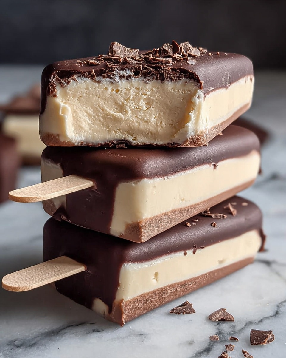 Three stacked ice cream bars with wooden sticks lie on a white marbled surface. Each bar has three layers: a bottom thin dark brown chocolate layer, a thick middle creamy beige ice cream layer with a smooth yet slightly grainy texture, and a top dark chocolate layer that is thicker and melts slightly over the ice cream. The top bar is cut in half, showing its layers clearly, and is sprinkled with small chunks of chocolate. The overall look is rich and creamy with a glossy finish on the chocolate. Photo taken with an iphone --ar 4:5 --v 7