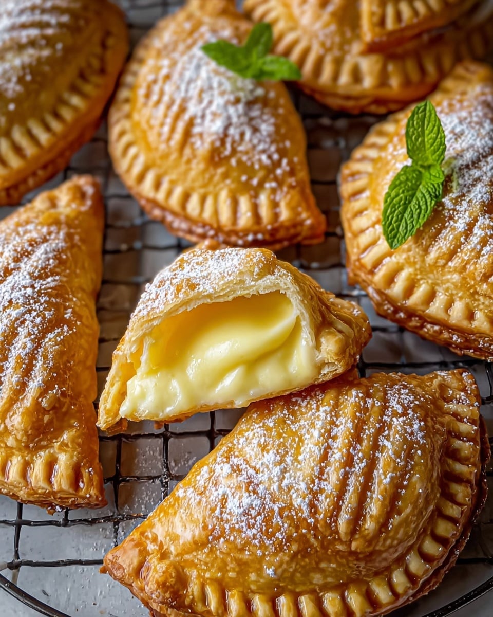 The image shows several golden-brown turnovers arranged closely on a rustic wooden surface. Each turnover has a crescent shape with multiple layers of flaky, crispy pastry, with the edges crimped in a detailed pattern. Some of the turnovers have a light dusting of white powdered sugar on top, giving a contrast to the warm pastry color. Small green mint leaves are placed between the turnovers, adding a touch of fresh color to the scene. The turnovers have a slightly shiny texture indicating a buttery finish. photo taken with an iphone --ar 4:5 --v 7