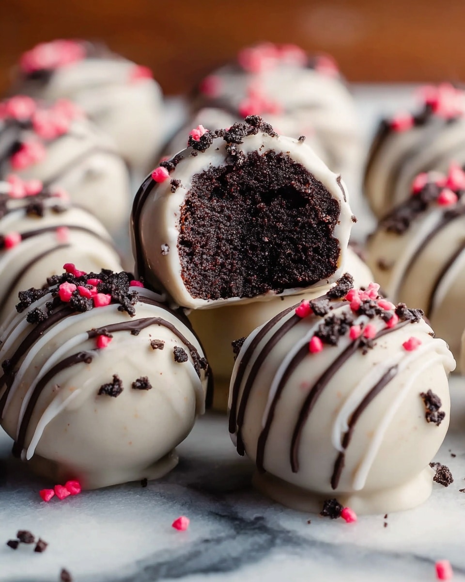 Several round chocolate cake balls are covered in smooth white chocolate coating with thin white chocolate drizzle lines across them. Each cake ball is sprinkled with small dark chocolate crumbs and a few bright pink sprinkles scattered on top. One cake ball is held up showing a bite taken out, revealing a dense, dark, moist chocolate cake interior. The cake balls rest on a surface with a white marbled texture. photo taken with an iphone --ar 4:5 --v 7