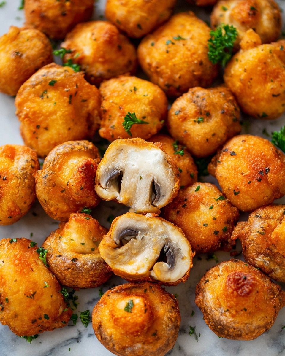 Golden brown battered mushrooms sit closely packed on a white marbled surface. Each mushroom has a thick, crispy outer layer that is slightly bumpy and fried to a warm, rich orange color. Some mushrooms are whole, showing round, smooth tops with small specks of green herbs sprinkled on them. A few mushrooms are cut in half, revealing the white and light gray inner mushroom flesh with its soft, smooth texture. Bright green parsley pieces add a fresh contrast, placed randomly among the mushrooms. The whole scene looks crunchy, juicy, and ready to eat, photo taken with an iphone --ar 4:5 --v 7