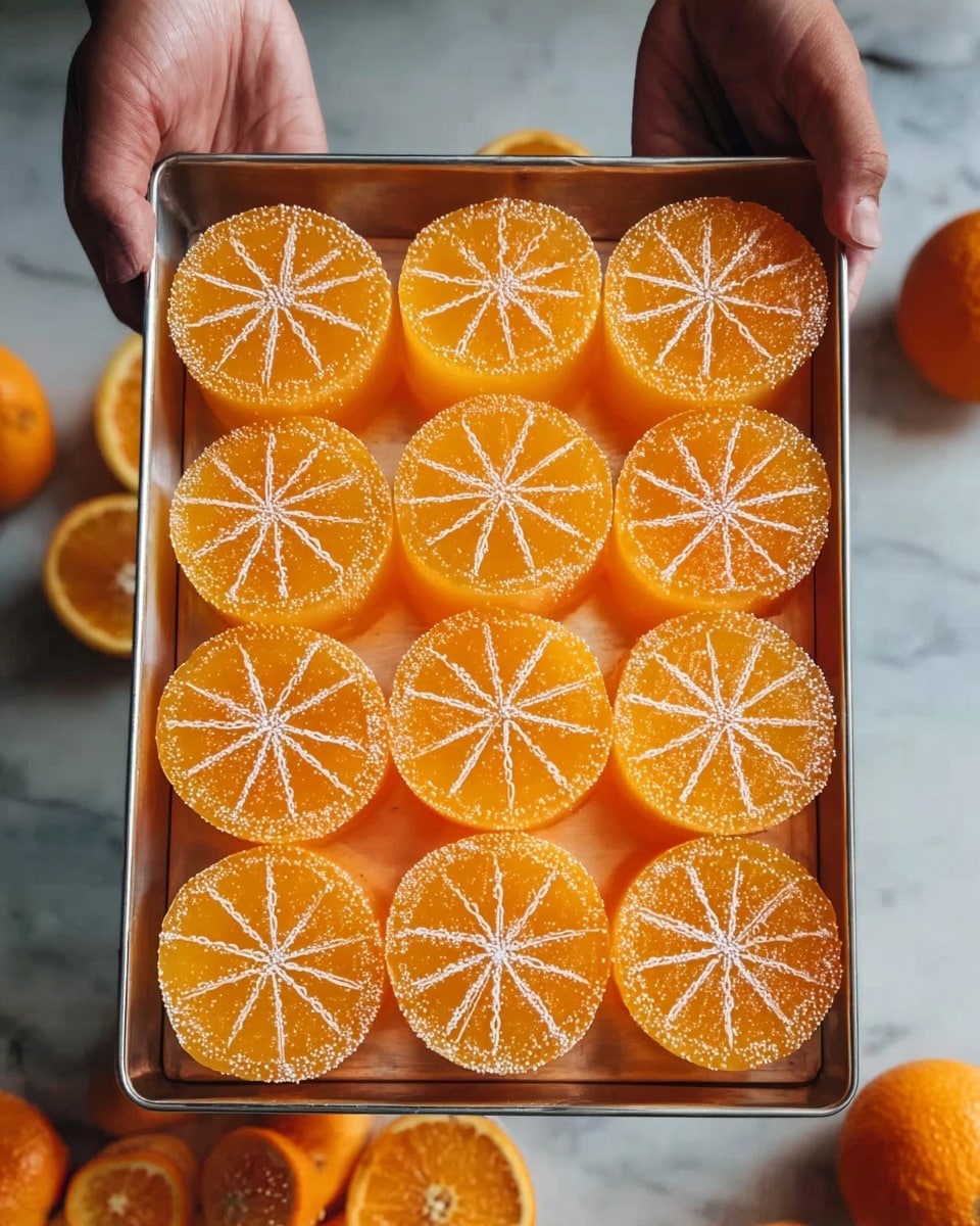 The image shows a rectangular metal tray full of round orange jelly desserts stacked in two layers. Each jelly is shaped like an orange slice, with a shiny, smooth texture and detailed white lines and dots on top, mimicking orange segments and seeds. The tray is held by a woman's hand on each side. The background is a white marbled texture with some whole oranges partially visible at the bottom. photo taken with an iphone --ar 4:5 --v 7