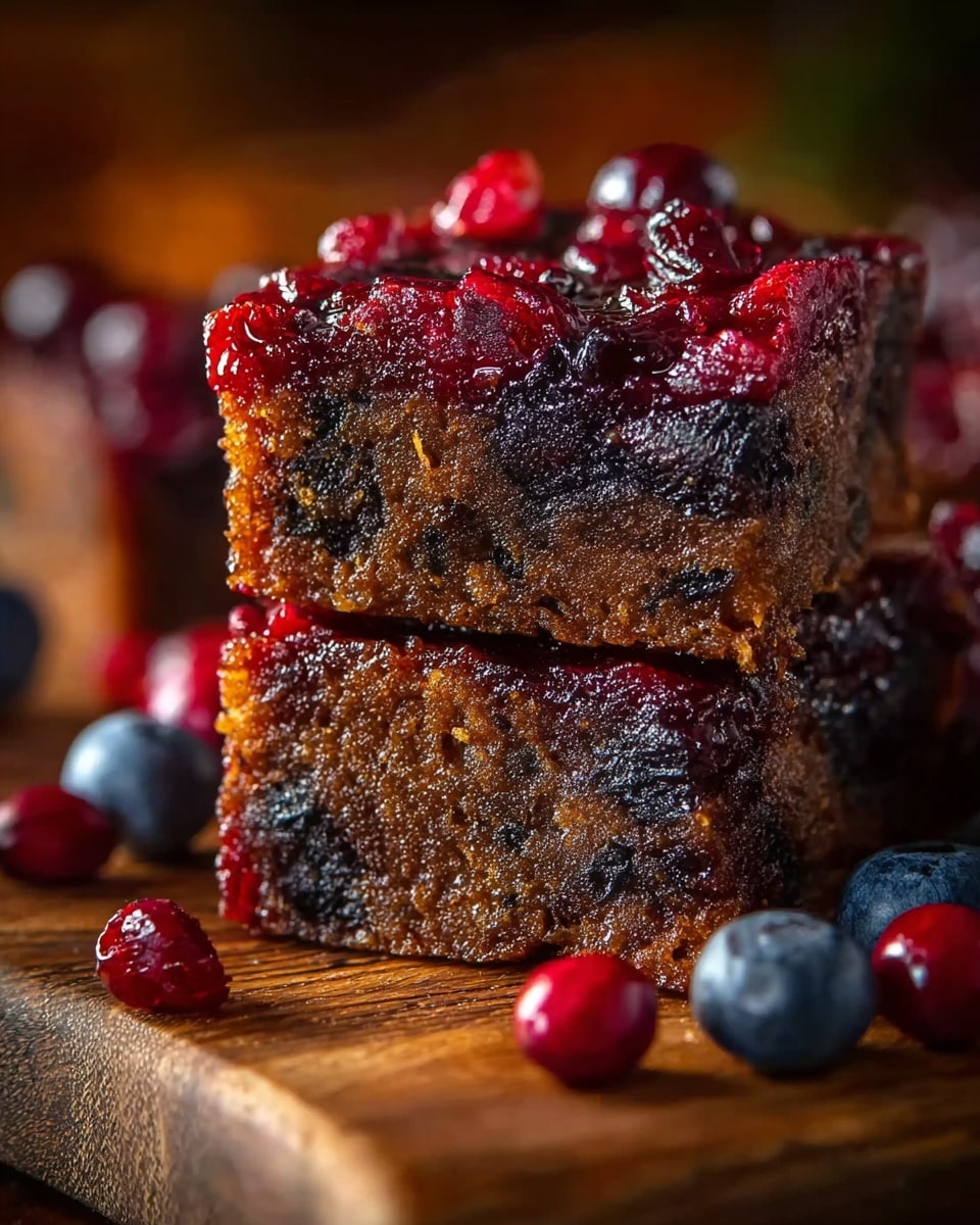 A close-up shows a thick square piece of dark brown fruitcake with a moist texture full of red cranberries and dark dried fruits inside. The top layer glistens with slightly melted bright red berries, adding a juicy look. The cake is stacked with another piece behind it, both resting on a wooden board with scattered fresh cranberries and blueberries around. The background is softly blurred with warm tones, highlighting the rich color and texture of the cake. Photo taken with an iphone --ar 4:5 --v 7
