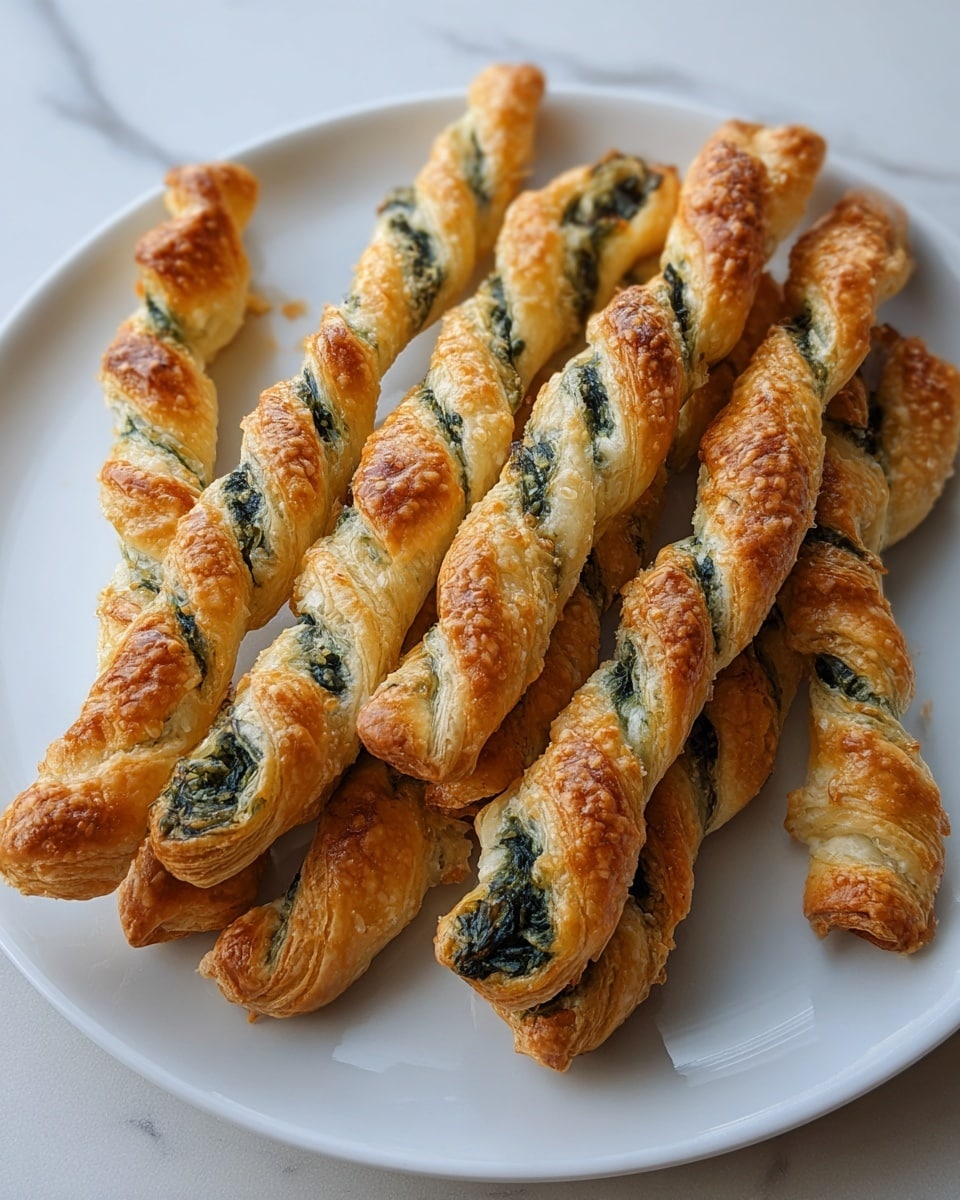 A white plate holds a group of golden brown, twisted pastry sticks, each displaying a crispy, flaky texture with visible layers. The twists reveal a dark green spinach filling peeking through the spiral folds of the puff pastry. Each stick is long and slender, with the pastry browned perfectly on the outer edges and lighter, creamier layers inside. The plate sits on a white marbled surface, highlighting the warm tones of the baked pastry. photo taken with an iphone --ar 4:5 --v 7