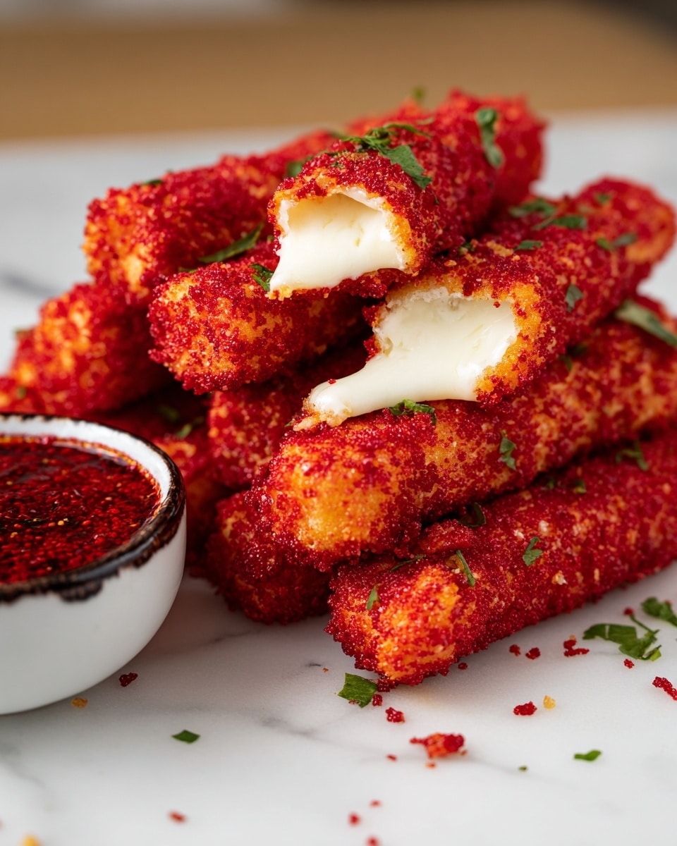 A pile of crispy cheese sticks covered in bright red crunchy coating is placed on a white plate over a white marbled surface. The sticks are stacked with two on top broken open, showing the soft, melted white cheese inside. Small green herb pieces are sprinkled on and around the sticks. On the left side of the plate, a white bowl with dark edges holds a red dipping sauce with a slightly chunky texture. The overall look is vibrant with red and white colors, a mix of crunchy and smooth textures. Photo taken with an iphone --ar 4:5 --v 7