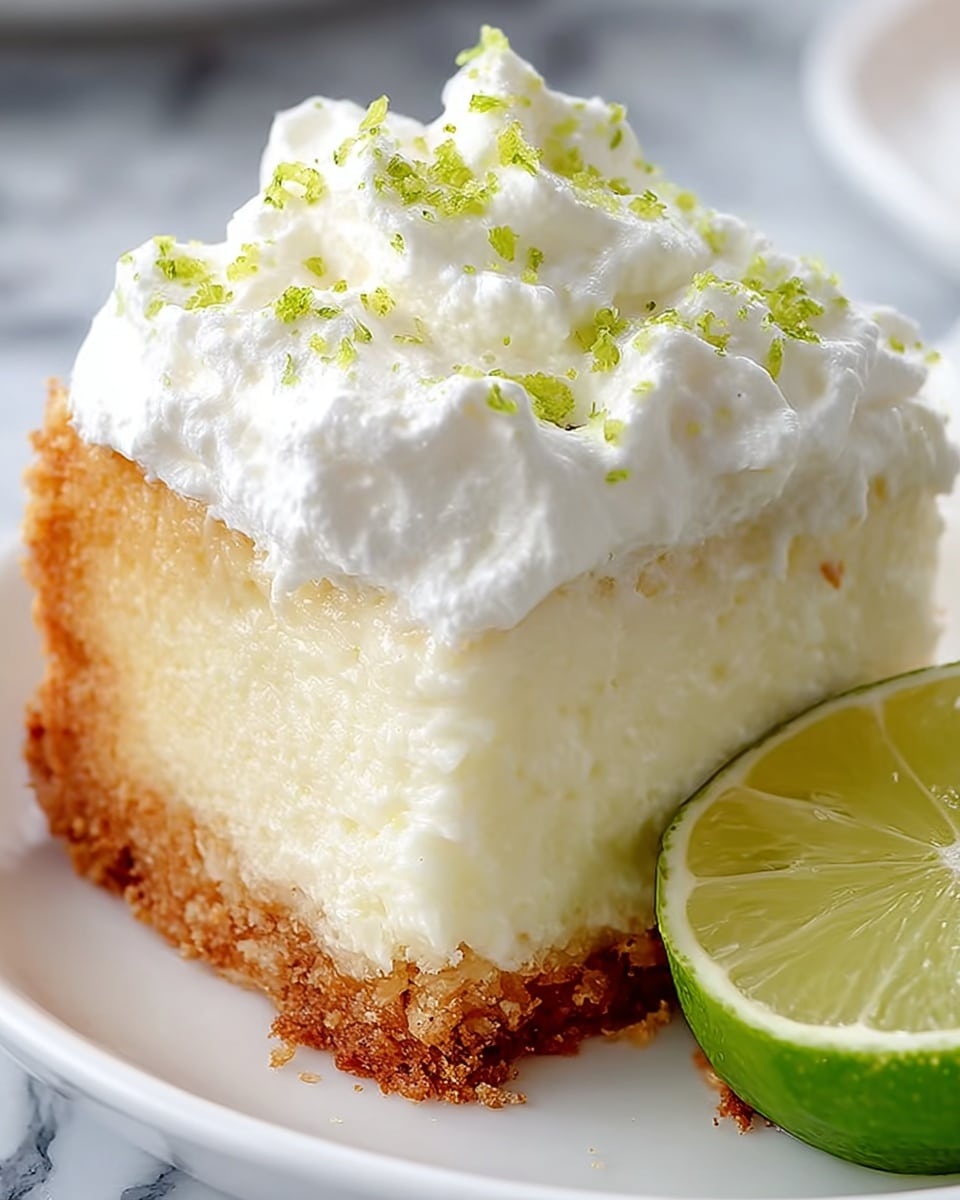 A close-up of a dessert slice on a white plate, showing three visible layers: the bottom layer is a golden-brown crumb crust with a slightly rough texture; the thick middle layer is creamy white and soft, resembling a smooth, dense cheesecake or mousse; the top layer is a generous dollop of fluffy white whipped cream sprinkled with small bright green lime zest pieces. Next to the slice is a fresh lime half with a juicy, light green inside. The background has a white marbled texture. Photo taken with an iphone --ar 4:5 --v 7