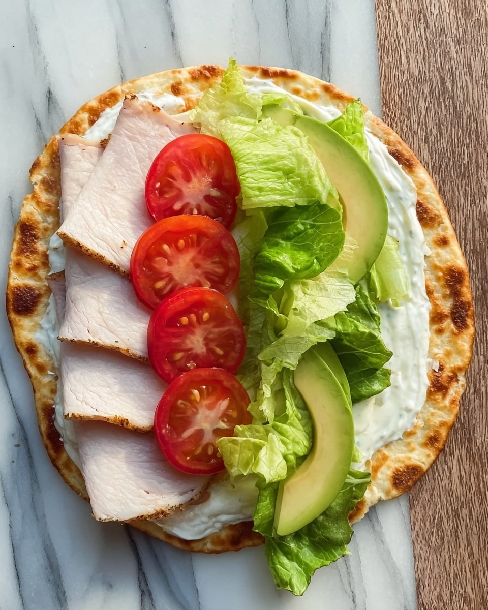 An open flatbread with a golden brown edge lays on a white marbled textured surface. The flatbread is spread with a creamy white sauce on one half. On top of the sauce are several thin slices of light pink turkey breast, layered evenly. Above the turkey, there are bright green crisp lettuce leaves, followed by three vibrant red tomato slices arranged in a row down the center. Between the lettuce and tomato slices are curved slices of pale green avocado, creating a fresh, colorful contrast. Photo taken with an iphone --ar 4:5 --v 7