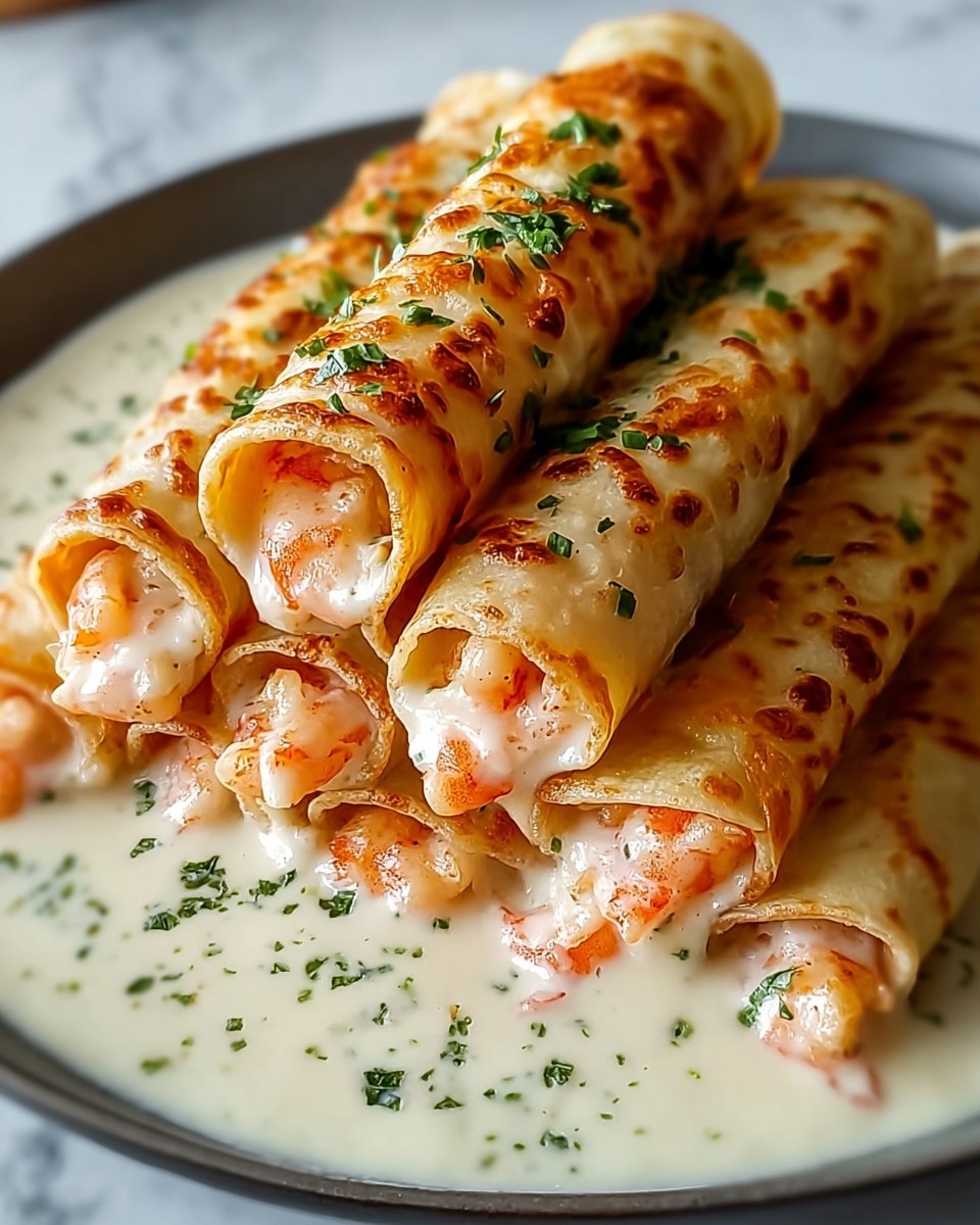 The image shows six rolled crepes filled with a creamy shrimp mixture, stacked closely together in two layers on a white plate. The crepes have a golden-brown, lightly toasted texture with small green herb pieces sprinkled on top. Each crepe reveals a bit of the pink shrimp filling at the ends, peeking through the creamy white sauce that pools beneath them on the plate. The creamy sauce is smooth and speckled with small green herbs, adding a fresh touch to the warm dish. The whole scene sits on a white marbled surface. photo taken with an iphone --ar 4:5 --v 7
