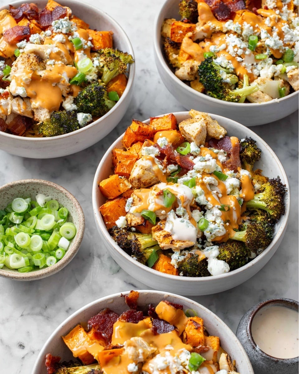 The image shows four white bowls filled with a colorful mixture that has three main layers. The bottom layer contains roasted orange sweet potato cubes paired with green broccoli florets that show some browned edges. The middle layer has chunks of cooked light brown chicken and pieces of crispy dark reddish-brown bacon. The top layer is sprinkled with crumbled white cheese and chopped bright green scallions, and the whole dish is drizzled with a smooth orange sauce and a white creamy sauce on top. In the background, there is a small white bowl filled with sliced green scallions and a white marbled surface under all the items. Photo taken with an iphone --ar 4:5 --v 7
