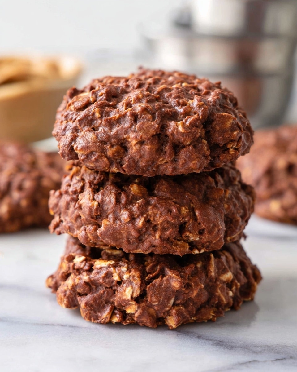 A stack of three thick, round cookies with a rough and chunky texture, showing visible oats embedded in the dark brown dough. The cookies are placed directly on a white marbled surface, with blurred background elements that include silver containers and other cookies. The overall color is warm chocolate brown with the oats giving a slightly uneven, bumpy look. Photo taken with an iphone --ar 4:5 --v 7