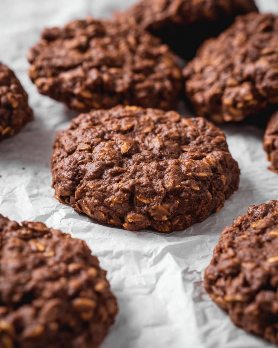 The image shows several round chocolate oat cookies with a rough, bumpy texture from the oats mixed in. The cookies are dark brown and look soft but dense, with some small cracks on the surface. They are placed closely together on a white crinkled paper that rests on a white marbled surface. The cookies fill most of the frame, with one cookie focused sharply in the front and others blurred softly in the background. Photo taken with an iphone --ar 4:5 --v 7