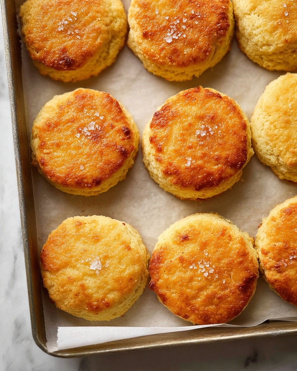 The image shows a tray with nine golden brown biscuits arranged in close rows. Each biscuit is round with a slightly uneven edge and a shiny, crispy top layer that is lightly sprinkled with coarse salt. The biscuits have a soft, crumbly texture visible on the sides with a pale yellow color beneath the browned surface. The tray is lined with white parchment paper and rests on a white marbled texture background. photo taken with an iphone --ar 4:5 --v 7