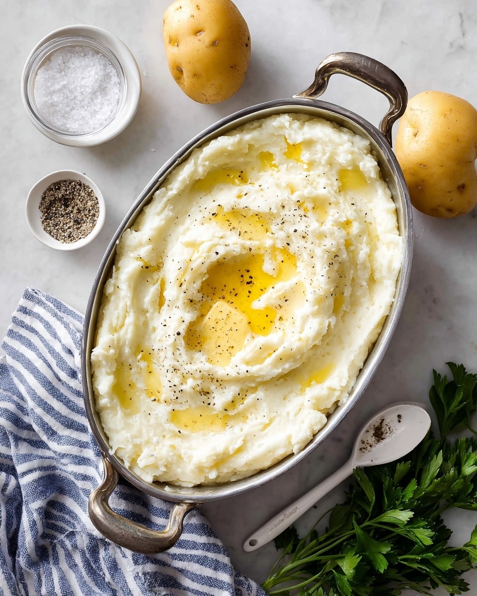 A close-up view of a white mashed potato dish in a metal oval serving pan with two handles, showing one smooth, creamy layer of mashed potatoes topped with a small pool of melted butter in the middle, and lightly sprinkled with black pepper. Around the pan, there are two whole yellow potatoes at the top, a small clear glass bowl filled with white salt, a white bowl with a white spoon holding black pepper, a striped blue and white cloth on the left side, and fresh green parsley at the bottom right, all set on a white marbled surface. photo taken with an iphone --ar 4:5 --v 7