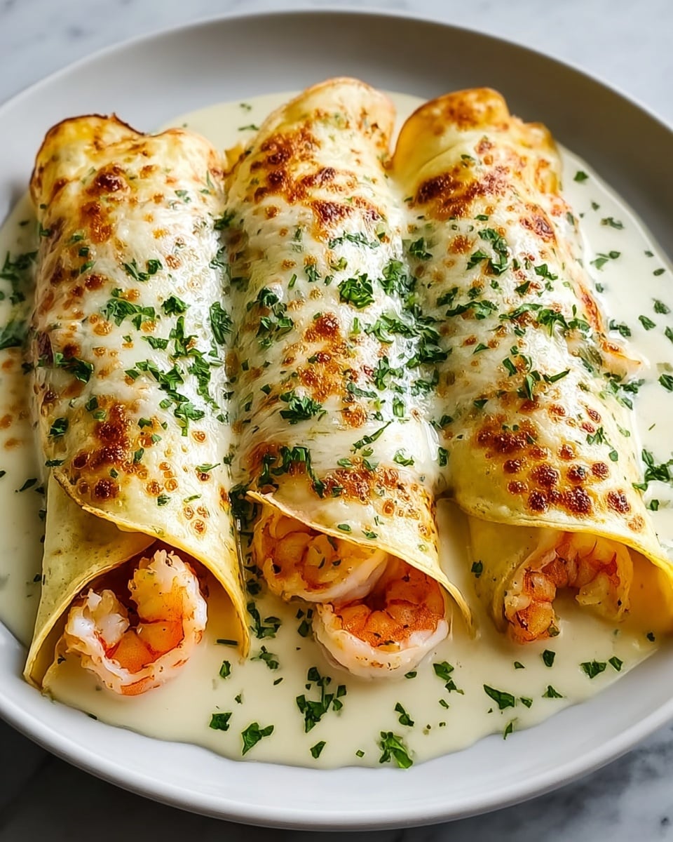 Three rolled crepes are placed side by side on a white plate, each crepe filled with cooked shrimp visible at both open ends. The crepes have a golden-brown color with slightly crispy edges. They are covered with a creamy white sauce that is slightly browned and bubbly on top, sprinkled with finely chopped green herbs. The sauce pools gently around the crepes on the plate, with extra herbs scattered on the sauce. The whole dish sits on a white marbled surface. photo taken with an iphone --ar 4:5 --v 7