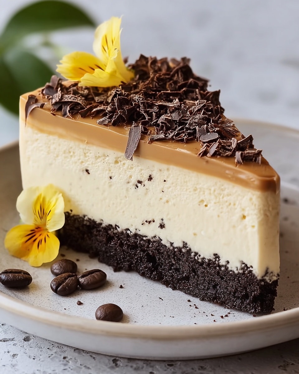 A slice of three-layered cake on a white plate with a white marbled texture background, the bottom layer is dark brown and crumbly, the middle layer is thick, creamy, and pale yellowish white with a smooth texture, and the top layer is glossy light caramel-colored with dark chocolate shavings scattered on top and around the cake. A yellow flower petal with visible veins rests beside the chocolate shavings on the top, and a few coffee beans are placed around the plate near the cake. photo taken with an iphone --ar 4:5 --v 7