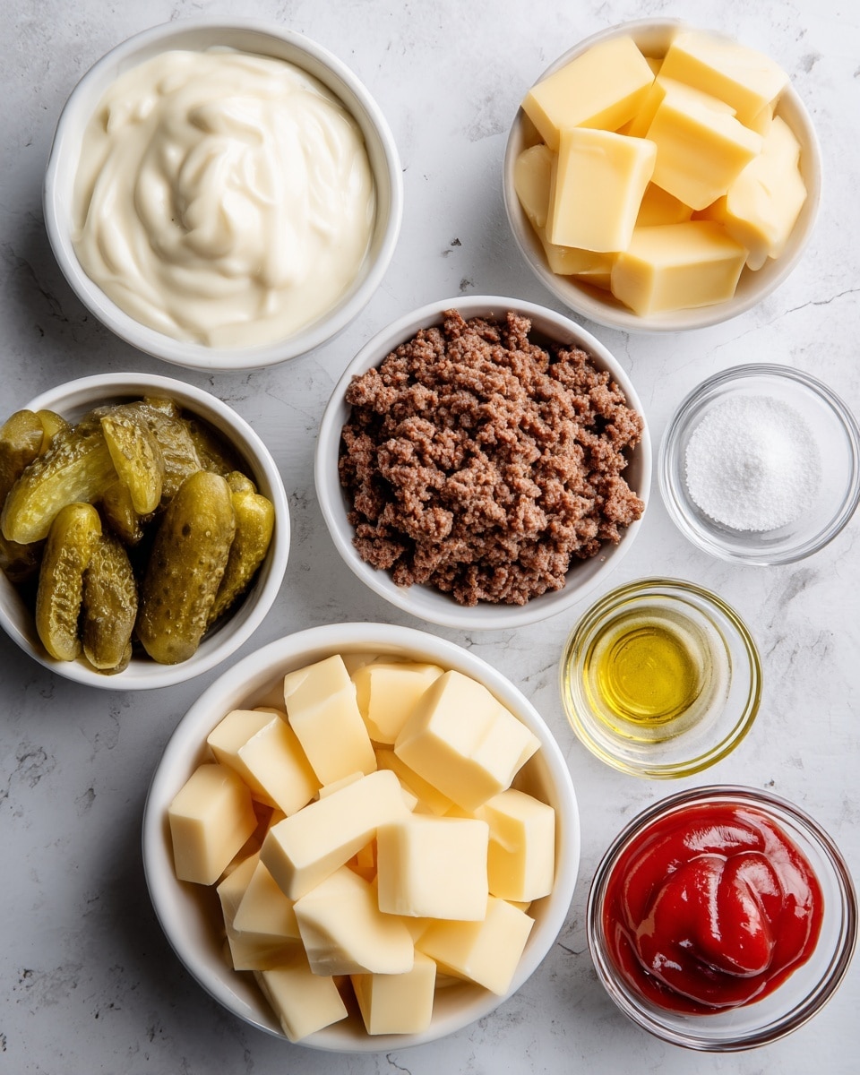Several small white bowls are arranged on a white marbled surface, each filled with different ingredients. Starting from the top left, there is a bowl with thick, creamy white sauce with smooth texture. Next to it is a bowl filled with cooked ground beef, brown and crumbly. Below the beef are two bowls filled with pale yellow cheese cut into cubes. Near the cheese, there is a bowl with green pickle slices, shiny and textured. On the right side, there are small clear bowls holding deep red ketchup, light yellow mustard powder, and white granulated salt. Lastly, there is a small white bowl with golden yellow oil. photo taken with an iphone --ar 4:5 --v 7