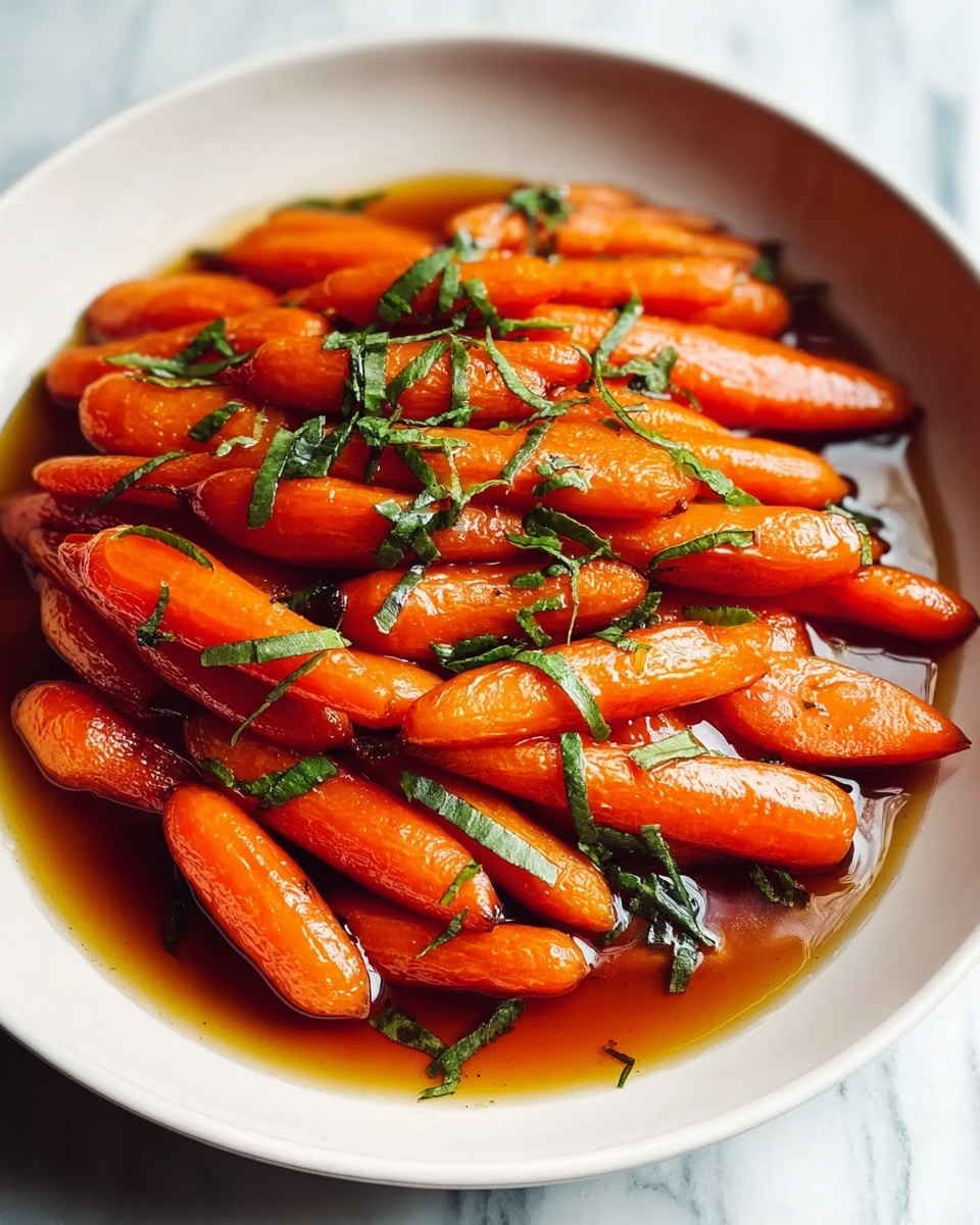 A white bowl filled with a single layer of glossy, cooked baby carrots in a rich brown sauce that pools at the bottom. The bright orange carrots appear tender and slightly charred in places, topped with thin strips of fresh green herbs scattered evenly over the carrots. The bowl is set on a white marbled surface with soft, natural light highlighting the shiny texture of the carrots and sauce. photo taken with an iphone --ar 4:5 --v 7
