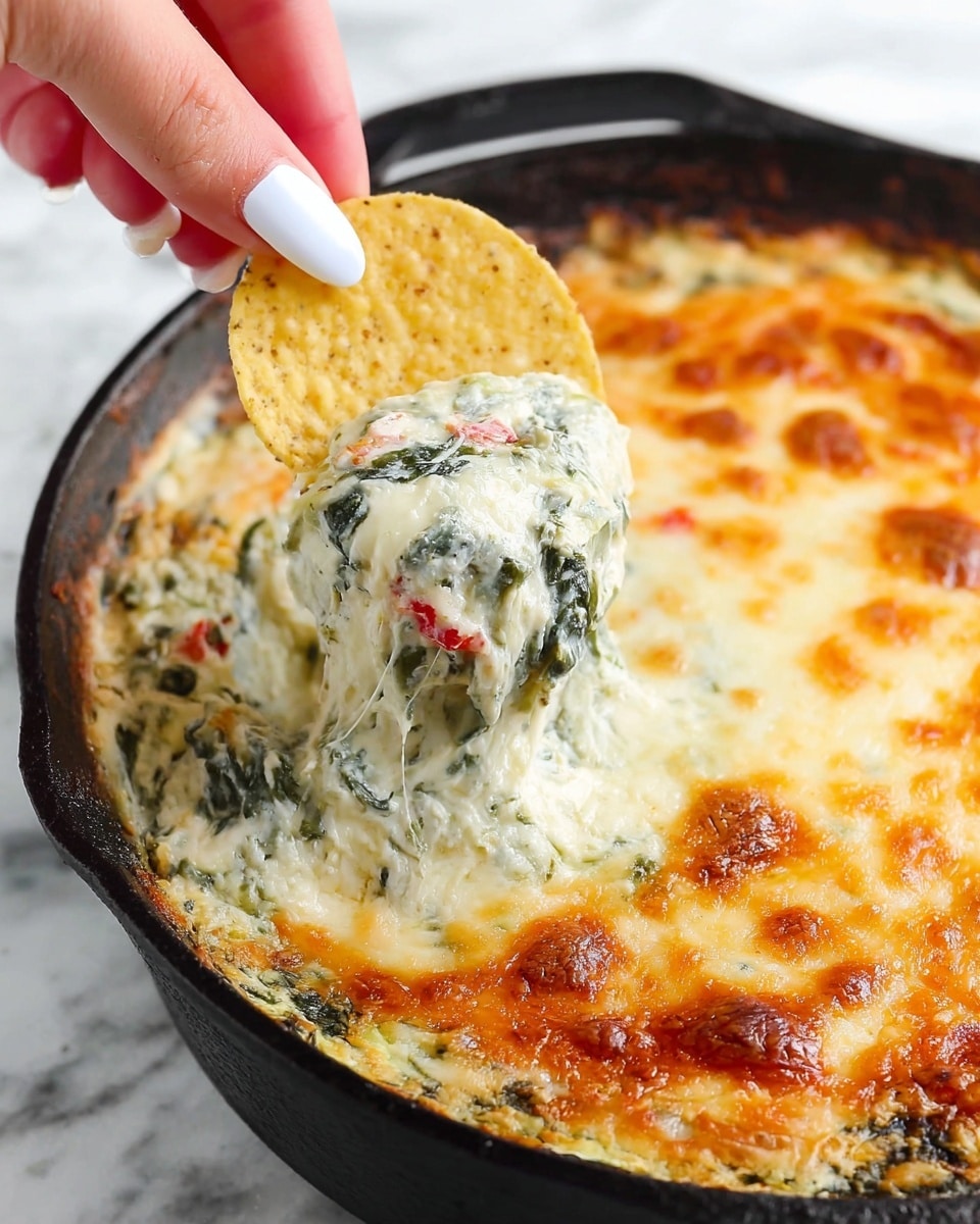 A close-up of a black skillet filled with a creamy, cheesy dip that has a golden-brown bubbly top with some darker toasted spots. Beneath the cheese, there is a white creamy layer mixed with hints of green, likely spinach, showing a smooth and thick texture. A woman's hand with white painted nails is dipping a yellow, round, crunchy tortilla chip into the dip. The skillet sits on a white marbled surface. photo taken with an iphone --ar 4:5 --v 7