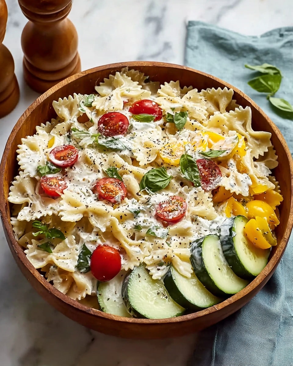 A wooden bowl filled with a creamy pasta salad made of three layers: the bottom layer shows large slices of green cucumber with bright yellow bell pepper pieces, the middle layer consists of farfalle (bow tie) pasta coated in white creamy dressing, and the top layer is sprinkled with halved red cherry tomatoes, small bits of green basil leaves, and a light scattering of black pepper. The bowl is placed on a white marbled surface, with a wooden pepper grinder and a folded light blue cloth napkin partially visible around it. Photo taken with an iphone --ar 4:5 --v 7