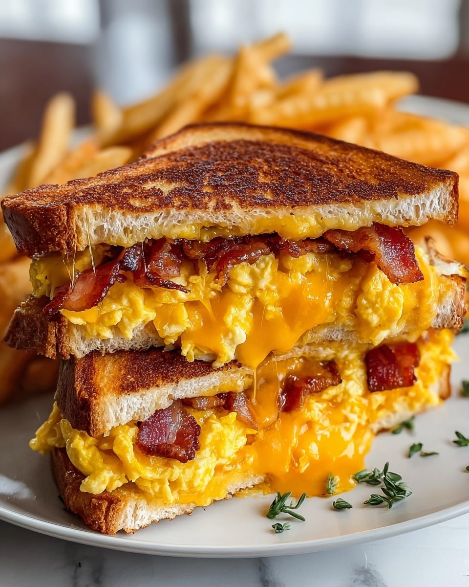 A close-up of a grilled sandwich cut in half and stacked on a white plate on a white marbled surface, showing three layers: the top and bottom layers are golden brown toasted bread with a crispy texture, the middle layer has fluffy yellow scrambled eggs mixed with vibrant orange melted cheddar cheese that is oozing out, and in between the egg and cheese are crispy strips of reddish-brown bacon. Some small green herbs are scattered around the plate, and blurred golden fries appear in the background. Photo taken with an iphone --ar 4:5 --v 7