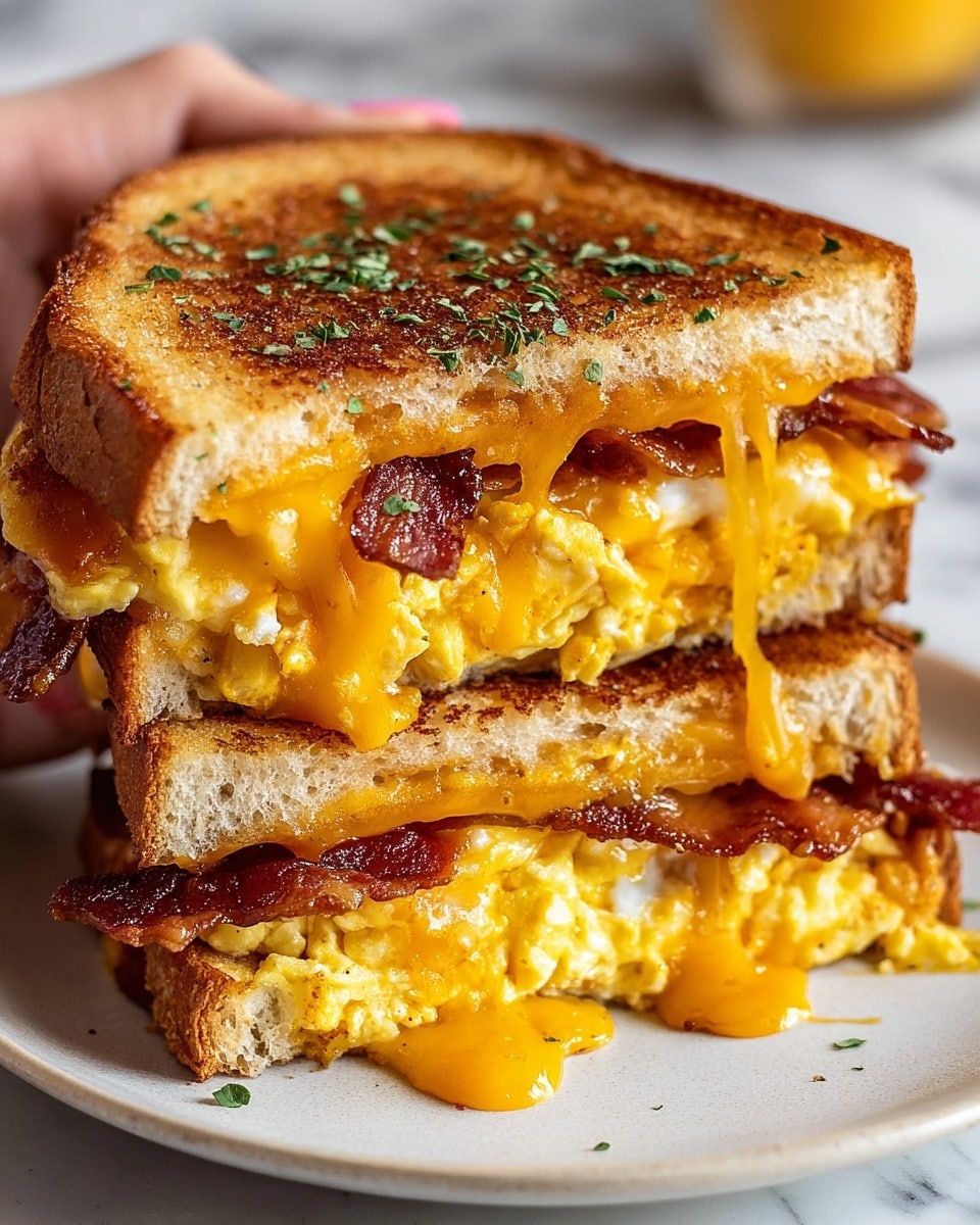 A close-up view of a two-layer grilled sandwich stacked on a white plate, placed on a white marbled surface. The sandwich has golden brown toasted bread with a crispy texture, sprinkled lightly with green herbs on top. The first layer inside shows melted bright orange cheddar cheese dripping slightly, a layer of cooked crispy bacon strips with dark red and brown tones, and fluffy, scrambled eggs with a soft, yellow and white appearance. The second sandwich half is stacked on top, showing the same layers of cheddar cheese, bacon, and scrambled eggs. A woman's hand is gently holding the sandwich from behind. Photo taken with an iphone --ar 4:5 --v 7