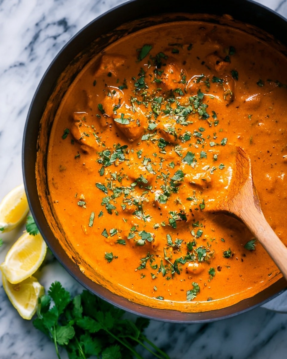 A close-up top view of a black pot filled with thick orange curry sauce that has chunks of food in it, sprinkled with green herbs on top. A wooden spoon is partially dipped into the curry, showing the creamy texture. Around the pot on a white marbled surface, there are fresh green cilantro leaves and yellow lemon wedges scattered loosely. Photo taken with an iphone --ar 4:5 --v 7