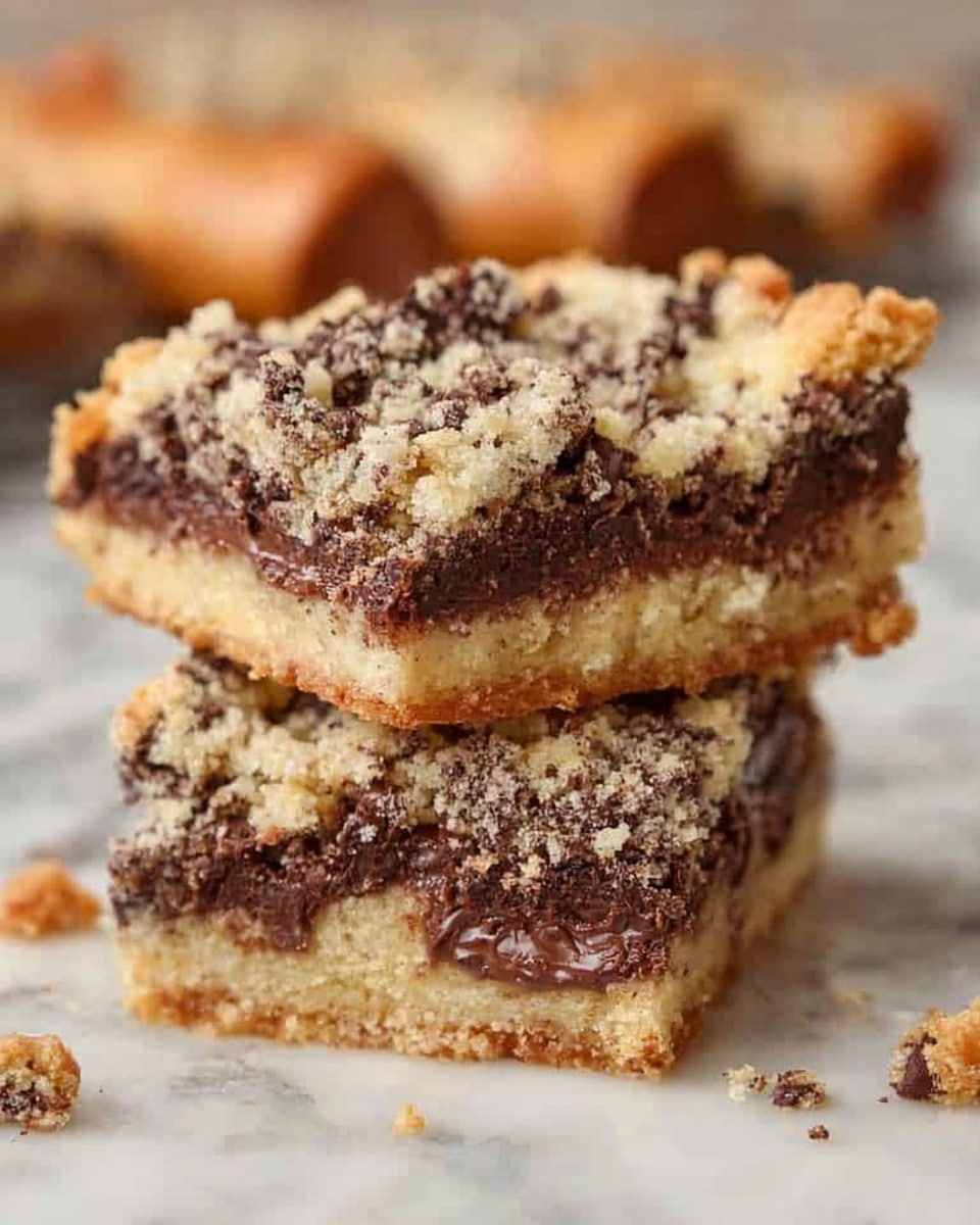 Two square pieces of crumbly dessert stacked unevenly on a white marbled surface, each piece showing three layers: a golden-brown crumb base at the bottom, a thick, dark brown chocolate filling in the middle, and a light beige crumbly topping mixed with chocolate bits on top. Small crumbs surround the pieces, adding a sense of texture. In the background, blurred rolls of dough are visible. photo taken with an iphone --ar 4:5 --v 7