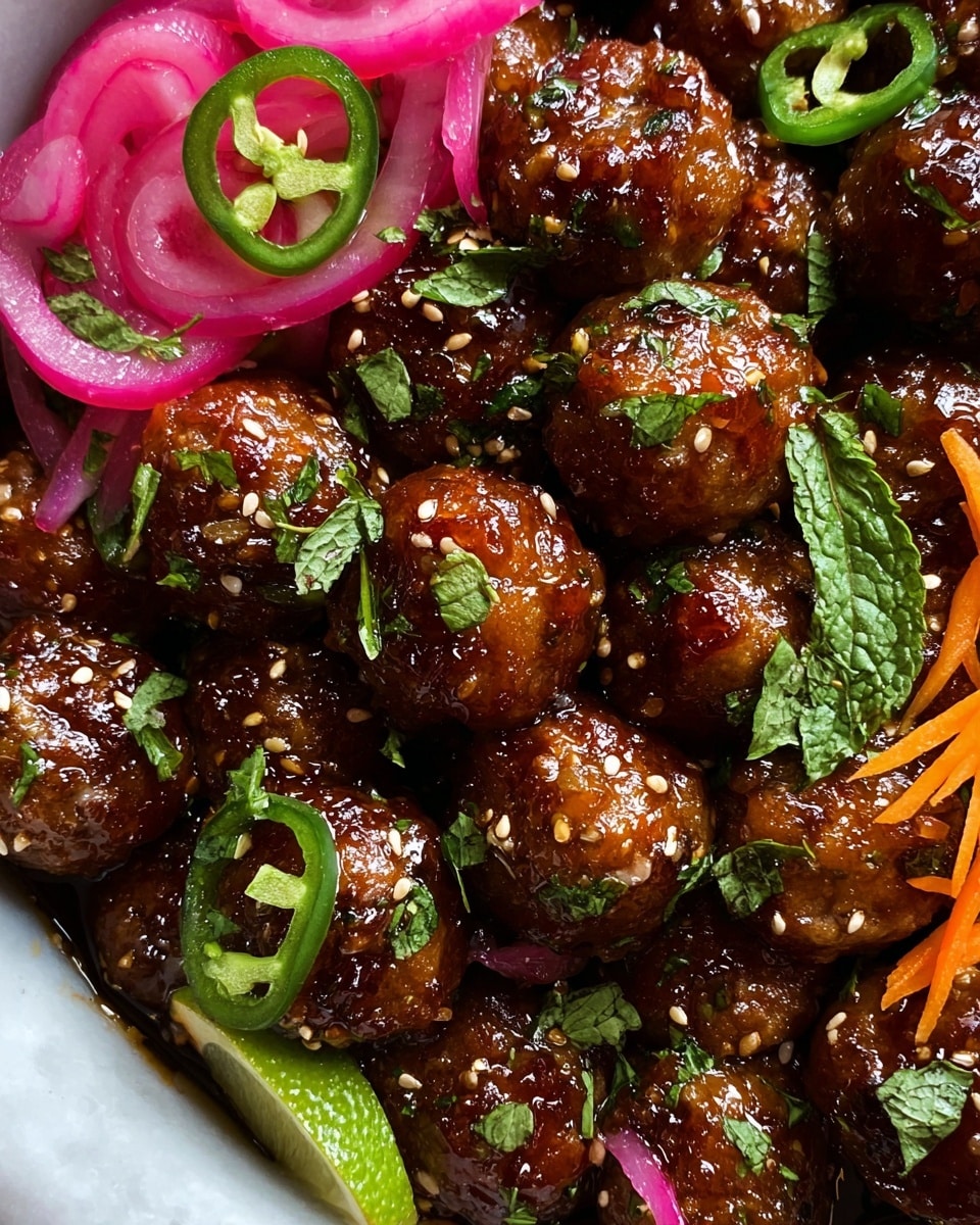 A close-up view of glossy brown meatballs coated in a shiny sauce, sprinkled with sesame seeds and finely chopped green herbs. Thin pink pickled onion rings form a layer in the top left corner. Bright green fresh mint and coriander leaves along with thin slices of green chili pepper are scattered among the meatballs. A wedge of light green lime peeks out from the right side, and thin orange carrot shreds are visible under and around the meatballs. The dish is set against a white marbled surface. photo taken with an iphone --ar 4:5 --v 7