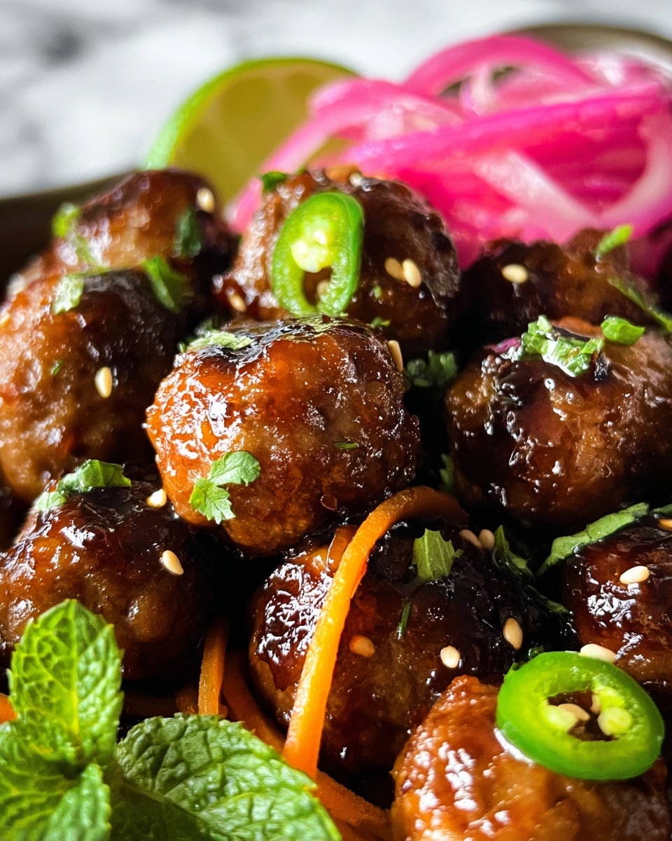The image shows a close-up of small, shiny brown meatballs coated in a sticky glaze, garnished with green herbs and scattered seeds. Underneath and around the meatballs are thin orange carrot strips and slices of fresh green jalapeño peeking through. In the background, bright pink pickled onion rings add a pop of color, with a small wedge of lime visible on the side. Fresh green mint leaves are also placed among the meatballs. The dish is set against a white marbled texture. photo taken with an iphone --ar 4:5 --v 7