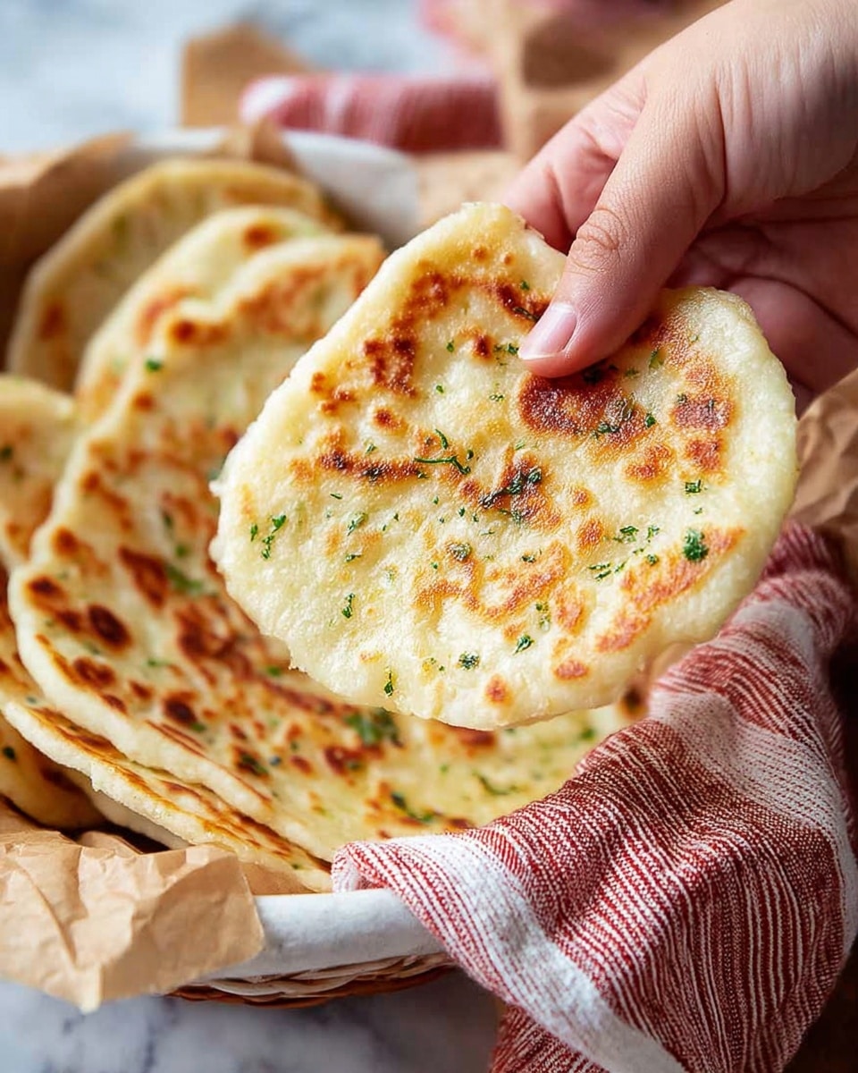 A close-up image shows a woman's hand holding a single piece of cooked flatbread with a golden-brown toasted surface sprinkled with small green herb bits. In the background, more flatbreads with similar golden to light brown shades rest in a white basket partially covered by a red and beige striped cloth. The surface beneath is a white marbled texture with some crumpled light brown parchment paper around the flatbreads, creating a warm and rustic feel. Photo taken with an iphone --ar 4:5 --v 7