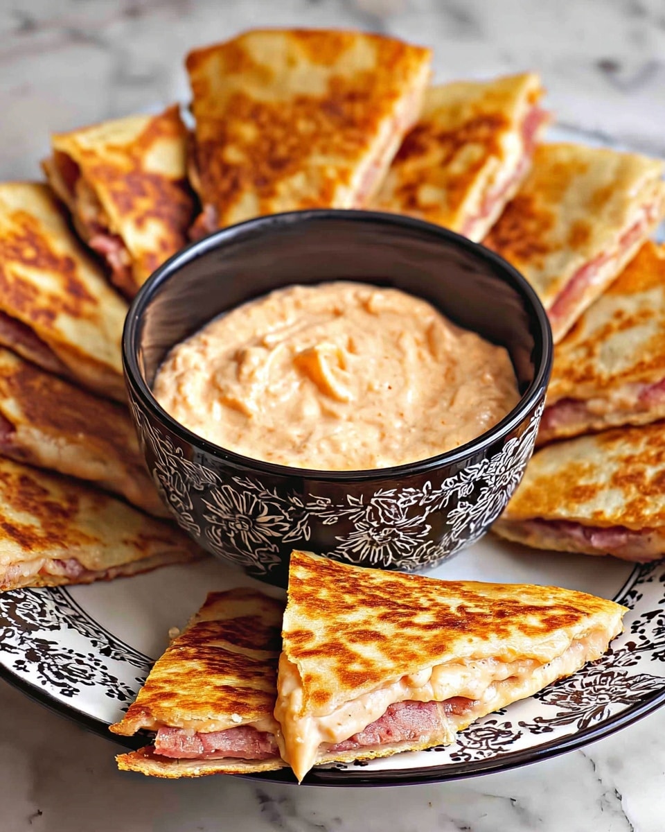 A white plate with black floral design holds several folded quesadilla triangles, each showing two layers with golden-brown toasted outer tortillas and a pinkish layer of meat filling inside. In the center, a black bowl with white flower patterns is filled with a creamy, light orange dipping sauce. Two quesadilla pieces are dipped into the sauce, leaning against the bowl’s edge. The whole set rests on a white marbled surface. photo taken with an iphone --ar 4:5 --v 7