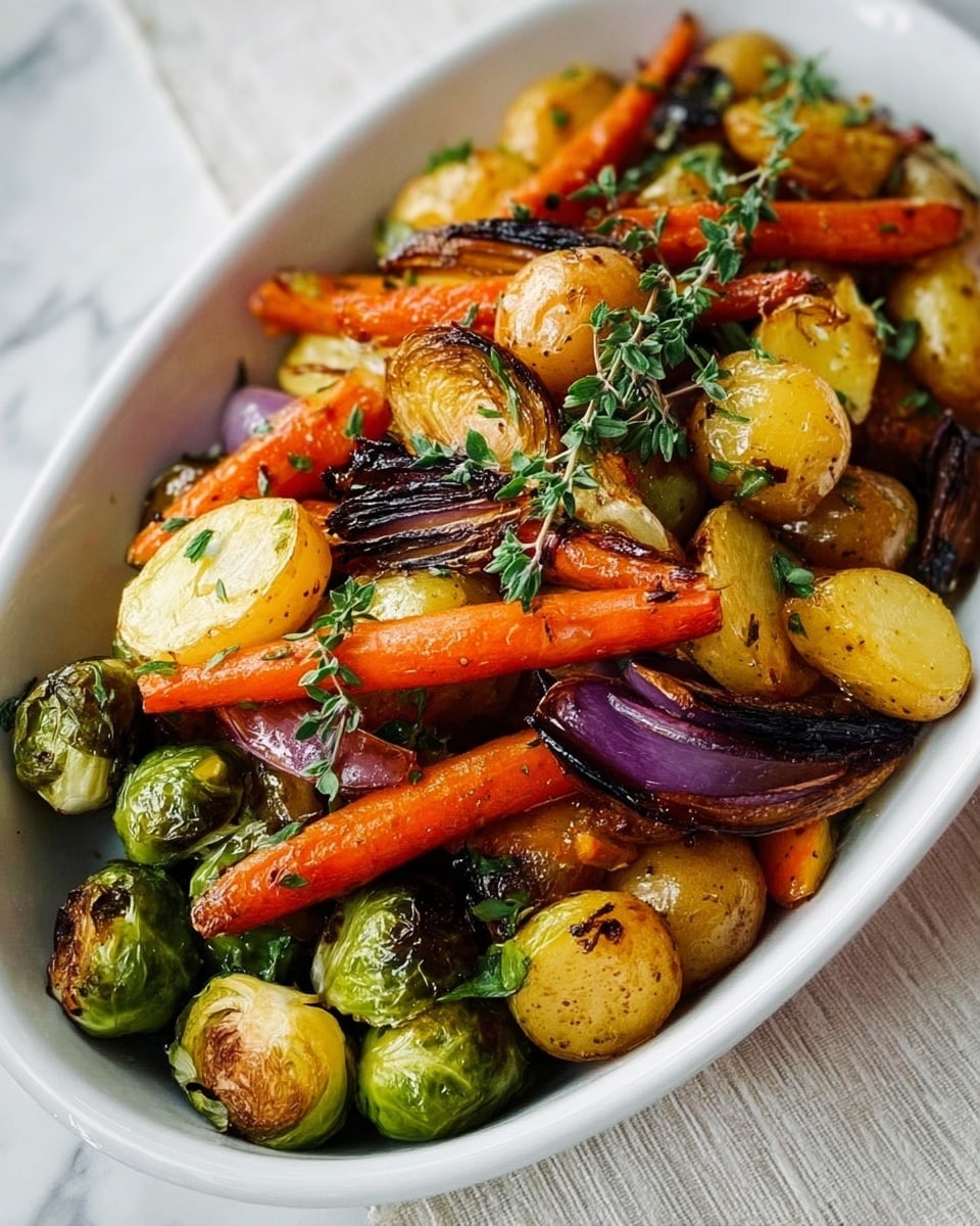 The dish shows a white oval dish filled with three main layers of roasted vegetables. The bottom layer includes bright green Brussels sprouts with a soft charred texture. The middle layer has soft orange baby carrots scattered across the dish. The top layer features golden yellow roasted small potatoes and pieces of charred purple onion, all mixed together and sprinkled with fresh green herbs on top. The dish sits on a white marbled surface with a slight texture, giving a clean and fresh look. Photo taken with an iphone --ar 4:5 --v 7