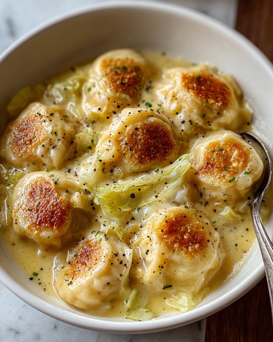 A white bowl is filled with nine dumplings evenly covered in a creamy light yellow sauce with a glossy texture, each dumpling having a golden brown, slightly crispy top layer showing a soft, smooth dough underneath. The sauce pools around the dumplings with visible small bits of green herbs and black pepper sprinkled on top, adding specks of color. Thin slices of pale green cabbage are nestled beneath and around the dumplings, partially submerged in the sauce. The bowl is placed on a white marbled surface, with a silver spoon resting at the edge inside the bowl. photo taken with an iphone --ar 4:5 --v 7