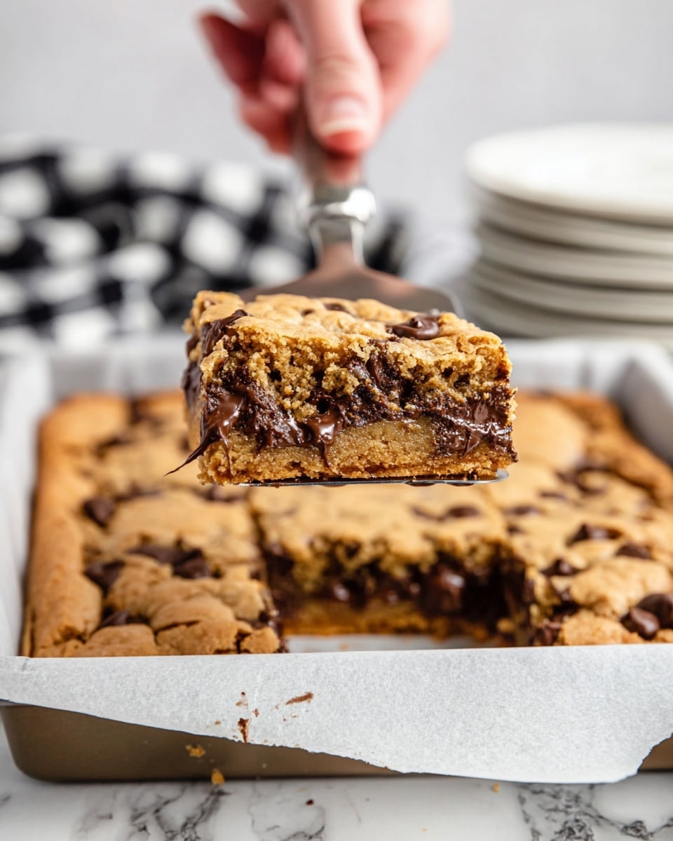 A thick, square piece of chocolate chip cookie bar is lifted by a woman's hand holding a metal spatula; the bar shows two main layers with a golden-brown, slightly crispy cookie crust on top, and a thick, gooey, dark chocolate melted center below. The cookie bar has visible chocolate chunks scattered on the surface and inside, making the texture look soft and chewy. The bar is cut from a larger tray lined with white parchment paper, all set on a white marbled surface, with a soft focus background hinting at stacked white plates and a black and white checkered cloth. Photo taken with an iphone --ar 4:5 --v 7