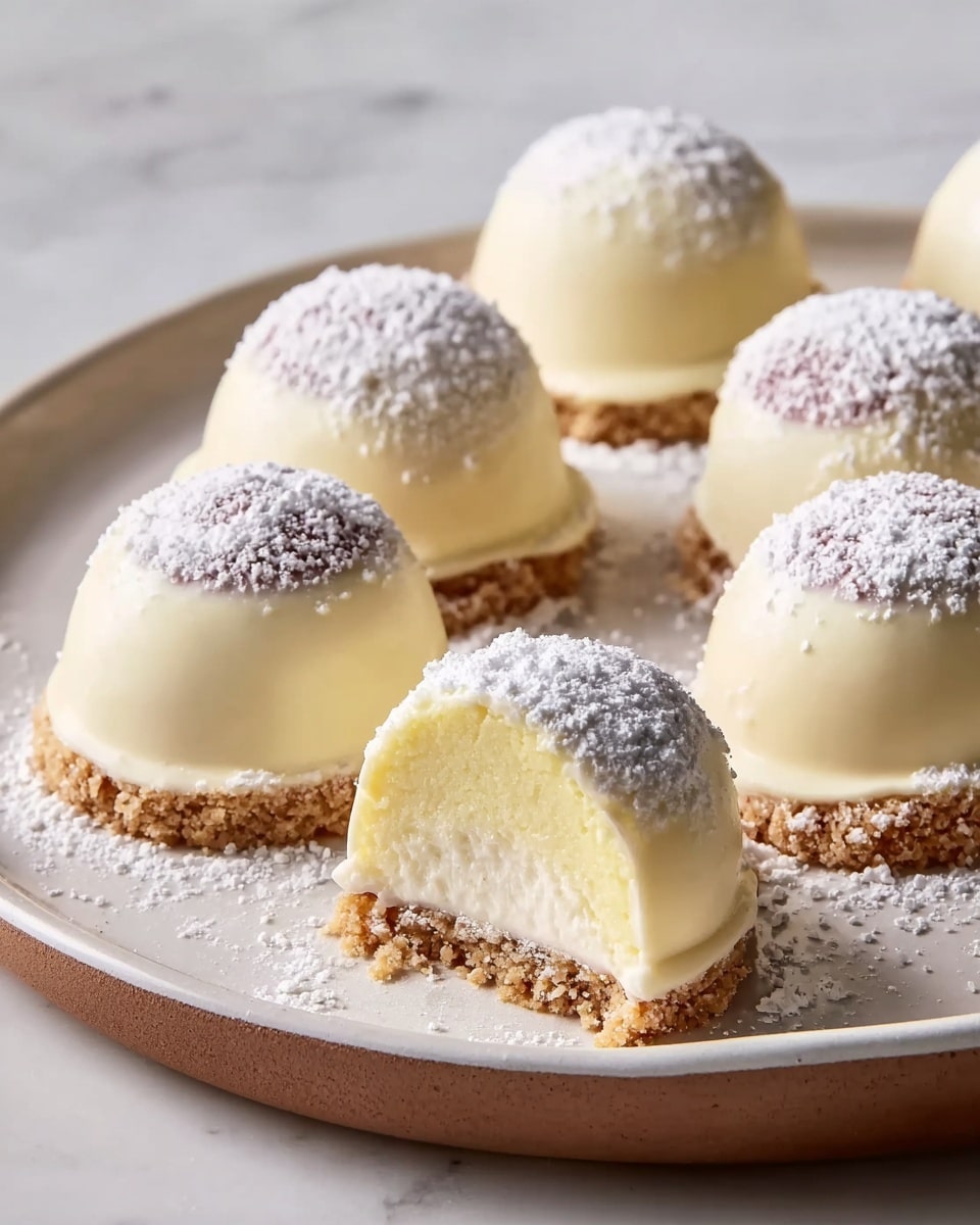 The image shows small dome-shaped desserts arranged on a round white plate with a light brown rim, placed on a white marbled surface. Each dessert has two layers: a bottom crumbly crust layer in light brown and a thick, smooth creamy layer in pale yellow forming the dome shape. The domes are coated with a dusting of white powdered sugar that adds texture on top. One dome is cut in half to show the soft creamy inside over the crunchy crust. The overall look is clean and delicate, highlighting the contrast between smooth cream and crumbly crust. photo taken with an iphone --ar 4:5 --v 7
