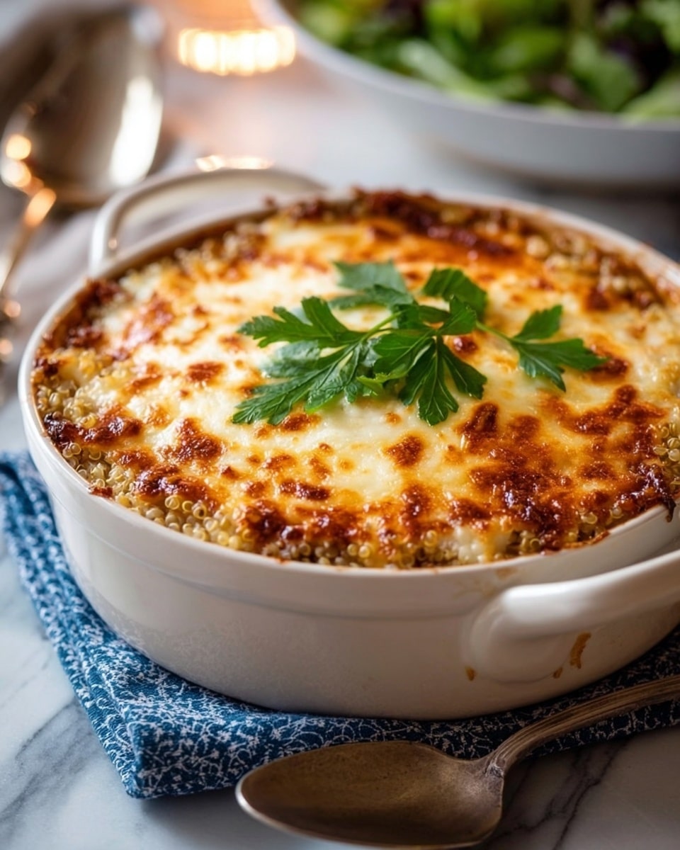 The dish is a baked casserole presented in a white, round ceramic dish with handles on each side. The bottom layer consists of fluffy cooked quinoa with small grain texture in light beige and hints of black. The top layer is a melted, golden-brown cheese crust with bubbly, slightly charred spots for a crispy texture. Fresh green parsley leaves are placed in the center on top as garnish. The dish rests on a folded blue patterned cloth on a white marbled surface. A spoon is partially visible at the lower right corner. In the blurred background, there is a white bowl with a green salad. Photo taken with an iphone --ar 4:5 --v 7