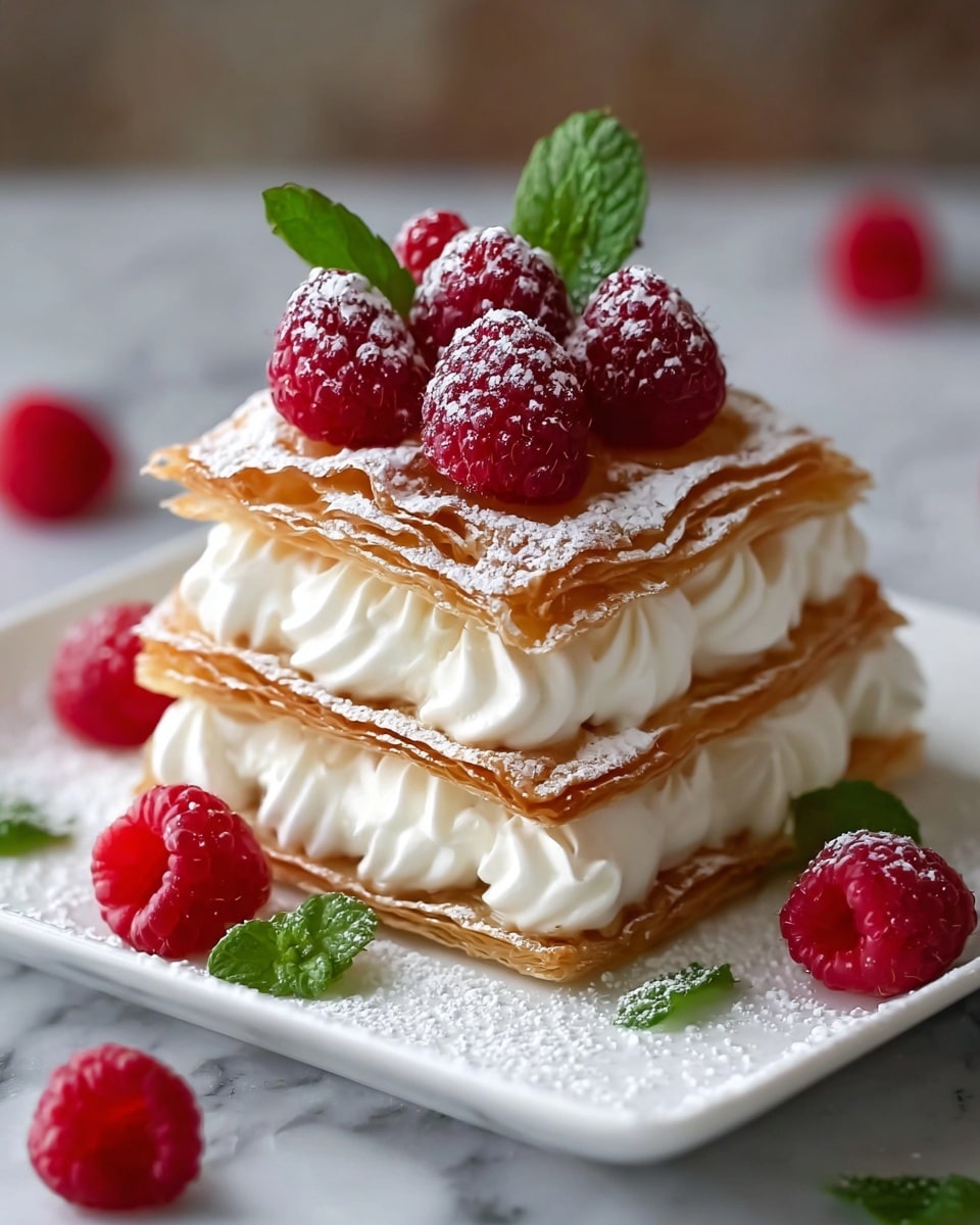 The image shows a dessert with three layers of thin, flaky, golden-brown pastry stacked on top of each other. Between each pastry layer, there is a thick layer of white whipped cream piped in round swirls. On top of the stacked pastries, there are five bright red raspberries dusted with white powdered sugar, along with two small fresh green mint leaves for decoration. The dessert sits on a white square plate placed on a white marbled textured surface, with a few more raspberries and mint leaves scattered around the plate. Photo taken with an iphone --ar 4:5 --v 7