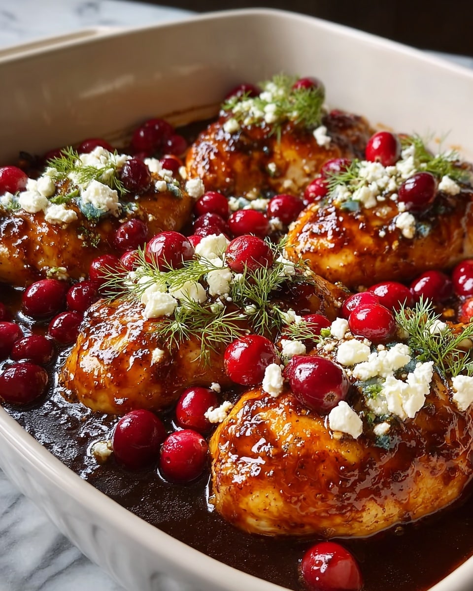 A dish with four pieces of glazed chicken breasts in a white ceramic baking dish, each piece covered with a thick, shiny brown sauce. On top of the chicken and around it, there are bright red whole cranberries scattered. Soft, crumbled white cheese is sprinkled over the chicken pieces and cranberries, adding a creamy texture. Fresh green dill leaves are placed over each chicken piece, adding a touch of color and freshness. The dish sits on a white marbled surface. photo taken with an iphone --ar 4:5 --v 7