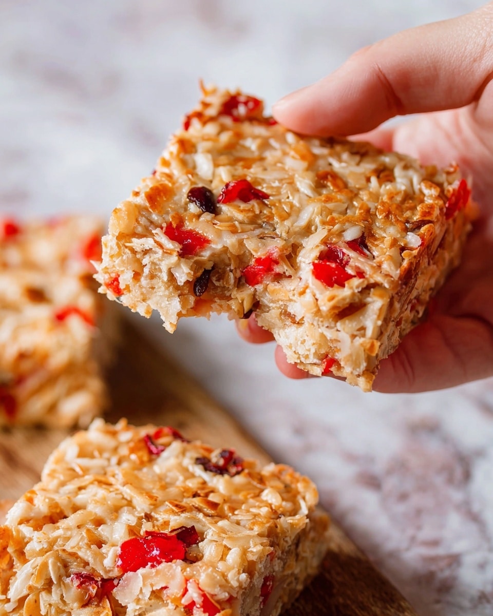 The image shows two square dessert bars stacked on each other on a white marbled surface. Each bar has two visible layers: the bottom layer is light beige with a soft, crumbly texture; the top layer is thicker and covered with toasted shredded coconut, small red bits (likely candied cherries), and pieces of nuts, giving a rough and crunchy appearance. The bars have a warm golden brown color on top with scattered red and pale nut accents. To the right, a white bowl filled with halved walnuts is partially visible. Photo taken with an iphone --ar 4:5 --v 7