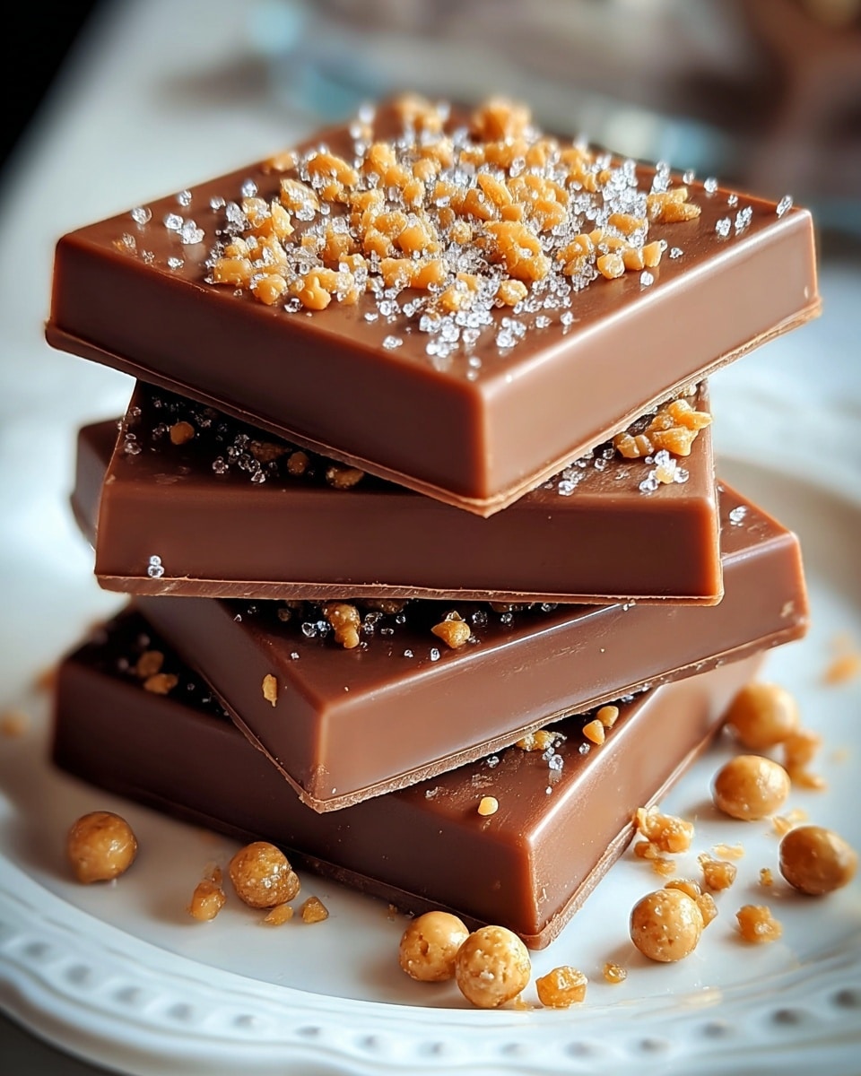 A stack of four thick, smooth milk chocolate squares sits neatly on a white plate with delicate edges. Each chocolate layer has a shiny, glossy surface with a rich brown color, and the top square is sprinkled generously with small, light brown crunchy bits along with coarse, sparkling white salt crystals scattered unevenly across it. Some crunchy bits and salt crystals have fallen onto the plate around the stack. The background is softly blurred, highlighting the chocolate’s creamy texture. Photo taken with an iphone --ar 4:5 --v 7