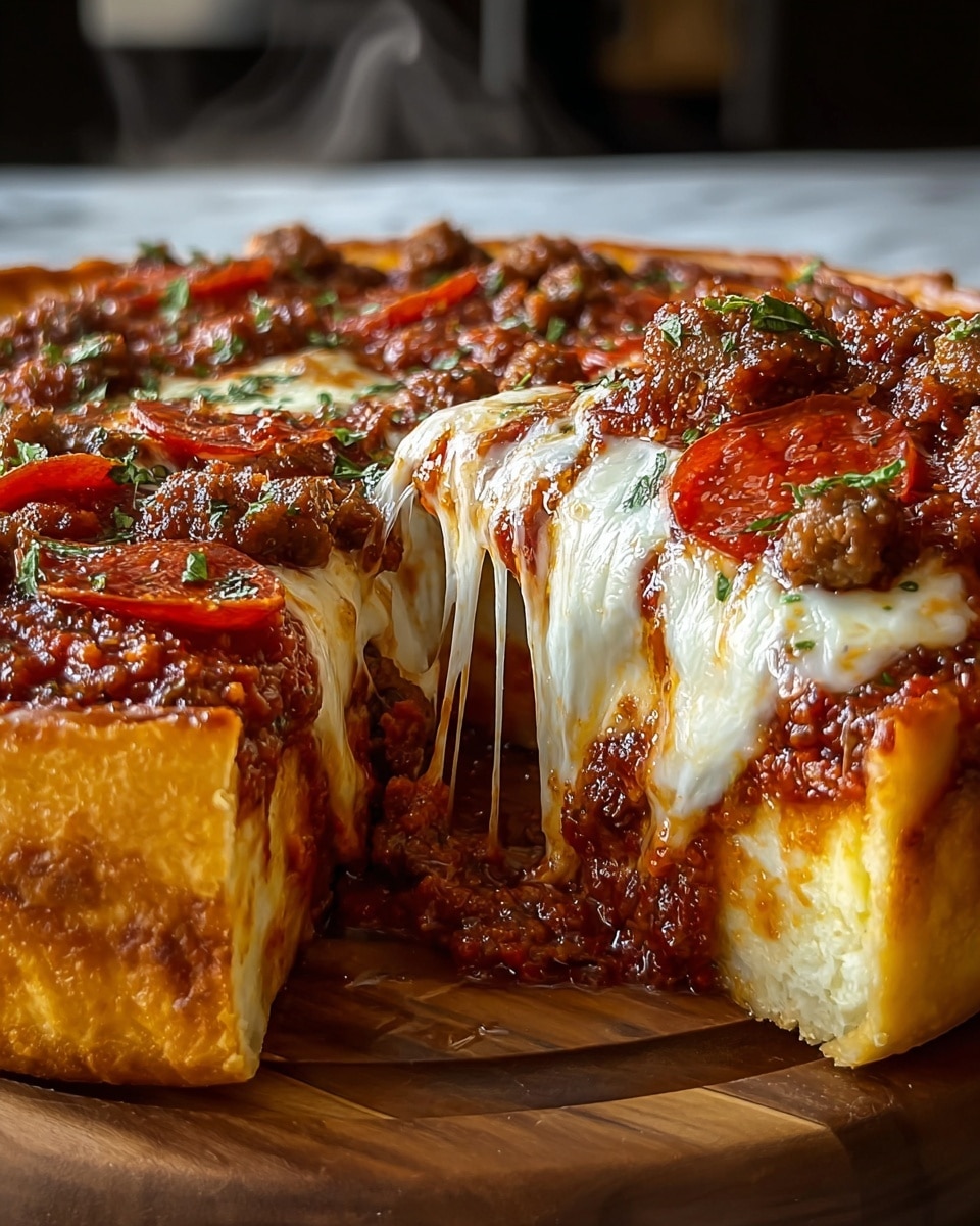 A thick slice of deep-dish pizza with multiple layers is shown, featuring a golden-brown crust that is thick and slightly crispy on the outside. The first layer is a soft, fluffy dough base, topped with a rich, chunky layer of dark red tomato sauce mixed with ground meat. Above that, there is a thick layer of melted white mozzarella cheese stretching in long strands as the slice is pulled away. On top, there are slices of bright red pepperoni and small chunks of browned sausage scattered evenly, along with a light sprinkle of green herbs. Steam rises gently from the pizza, indicating it is hot and fresh, placed on a wooden board with a white marbled texture in the background. Photo taken with an iphone --ar 4:5 --v 7