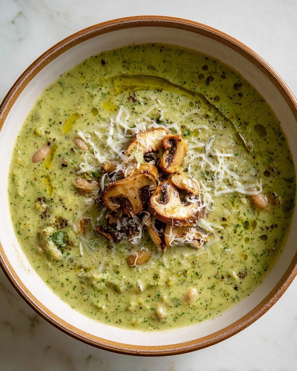 A white bowl with a brown rim holds a creamy green soup with visible small chunks of vegetables and beans mixed throughout. In the center, there is a small pile of sautéed or grilled mushrooms that are golden brown, topped with finely shredded white cheese. The soup surface has a slight sheen with swirls of olive oil and scattered herbs. The bowl sits on a white marbled texture. photo taken with an iphone --ar 4:5 --v 7