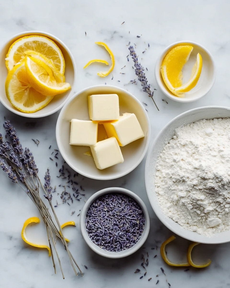 The image shows five small white bowls arranged on a white marbled surface. One bowl contains four yellow lemon wedges placed in a stacked way. Another bowl has several small pale yellow cubes of butter, neatly stacked. Two smaller bowls are filled with tiny dried purple lavender buds. The largest bowl is filled with white flour, heaped slightly in the center with some uneven texture. Around the bowls, there are scattered small lavender sprigs and a few thin curls of yellow lemon peel, adding delicate color contrasts. photo taken with an iphone --ar 4:5 --v 7