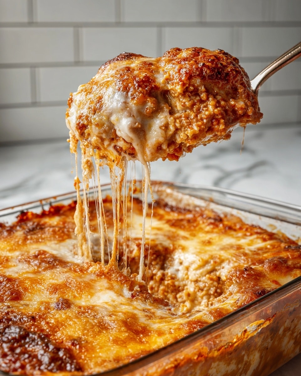 A large spoon lifts a thick, gooey, cheese-covered scoop from a glass baking dish filled with layers of melted cheese and rich, bubbly tomato sauce mixed with bits of textured meat or grains. The top layer is a mix of creamy white and golden-brown melted cheese with a slightly crispy, burnt edge texture. Underneath, the cheese stretches in long strings connecting the scoop to the dish, revealing a soft, saucy interior in warm orange and reddish hues. The scene is set against a white marbled surface with a blurred white tiled background, emphasizing the hot, cheesy, and hearty nature of the dish. photo taken with an iphone --ar 4:5 --v 7